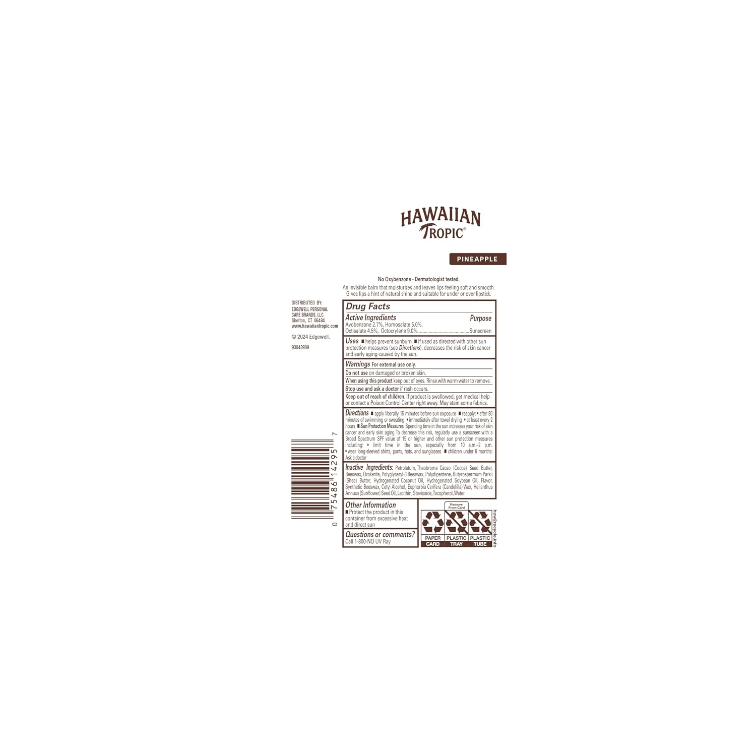 Hawaiian Tropic Sunscreen Lip Balm SPF 30, Pineapple, 0.3 Oz