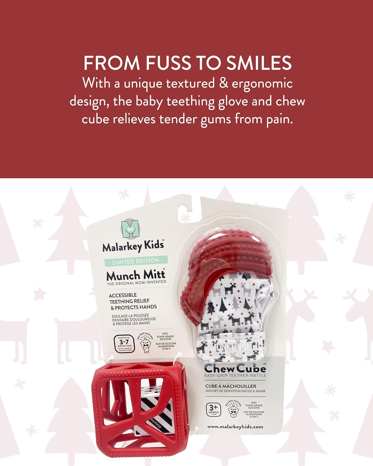 Malarkey Kids Holiday Gift Pack: Munch Mitt and Chew Cube Duo - Perfect Teething Treats for Babies and Toddlers - Red