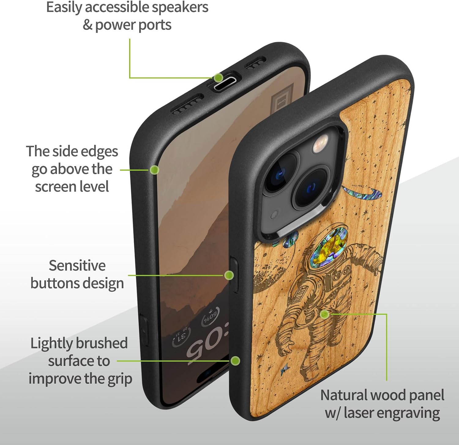 Carveit Wooden Case for iPhone 15 Magnetic Case, Compatible with MagSafe Wireless Chargers, Shockproof Cover, Handmade Shell Inlaid & Wood Artisan Engraved (Cosmic Wanderer) Cherry