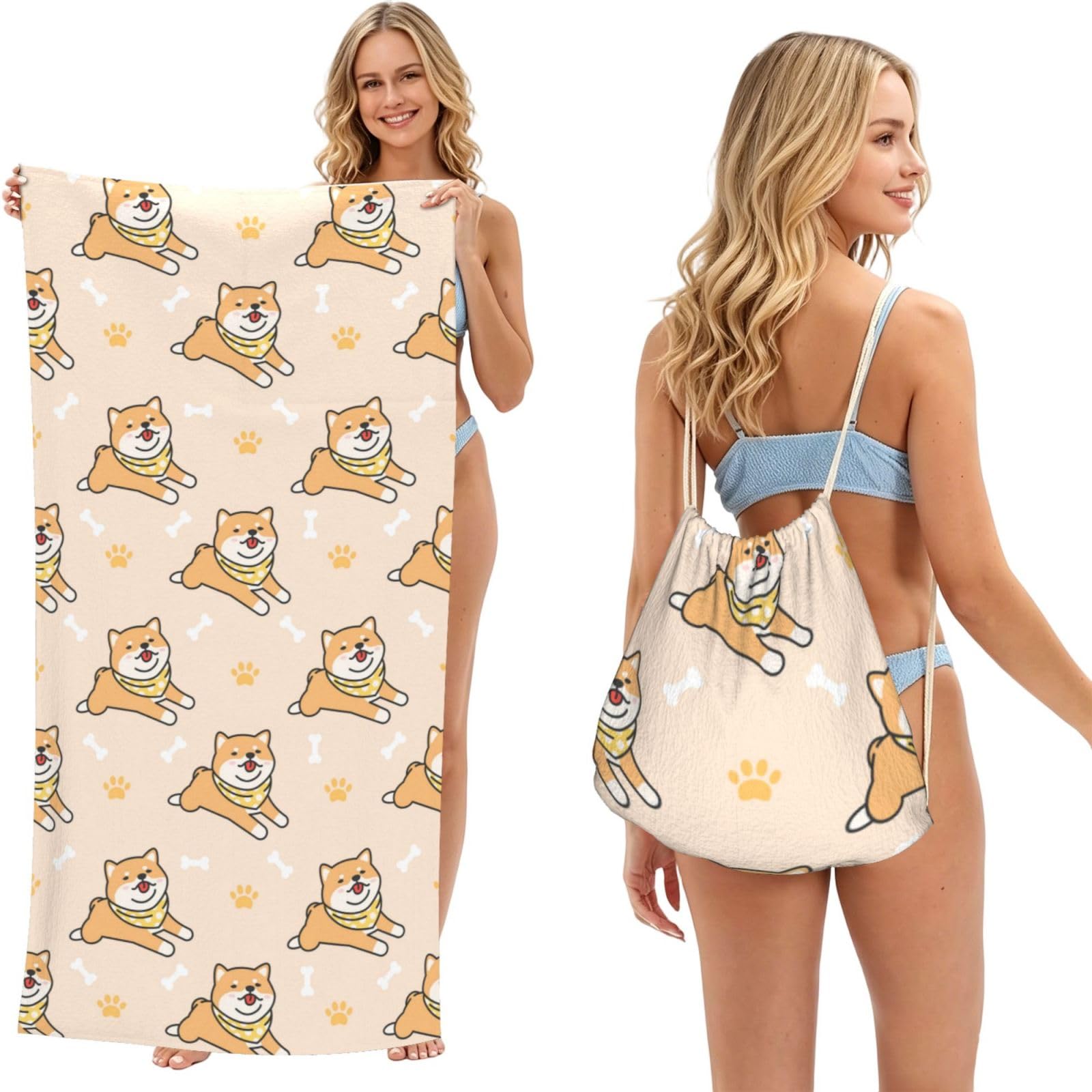 Poadnly As Picture Cute Dog Shiba Inu, 2 In 1 Packable Towel Bag, Beach Towels With Drawstring Backpack For Travel Holiday Camping