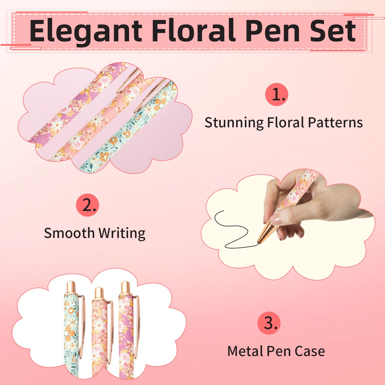 3 Pcs Floral Art Ballpoint Pens, Metal Flower Fancy Pen Set including Gift Box - Image 4