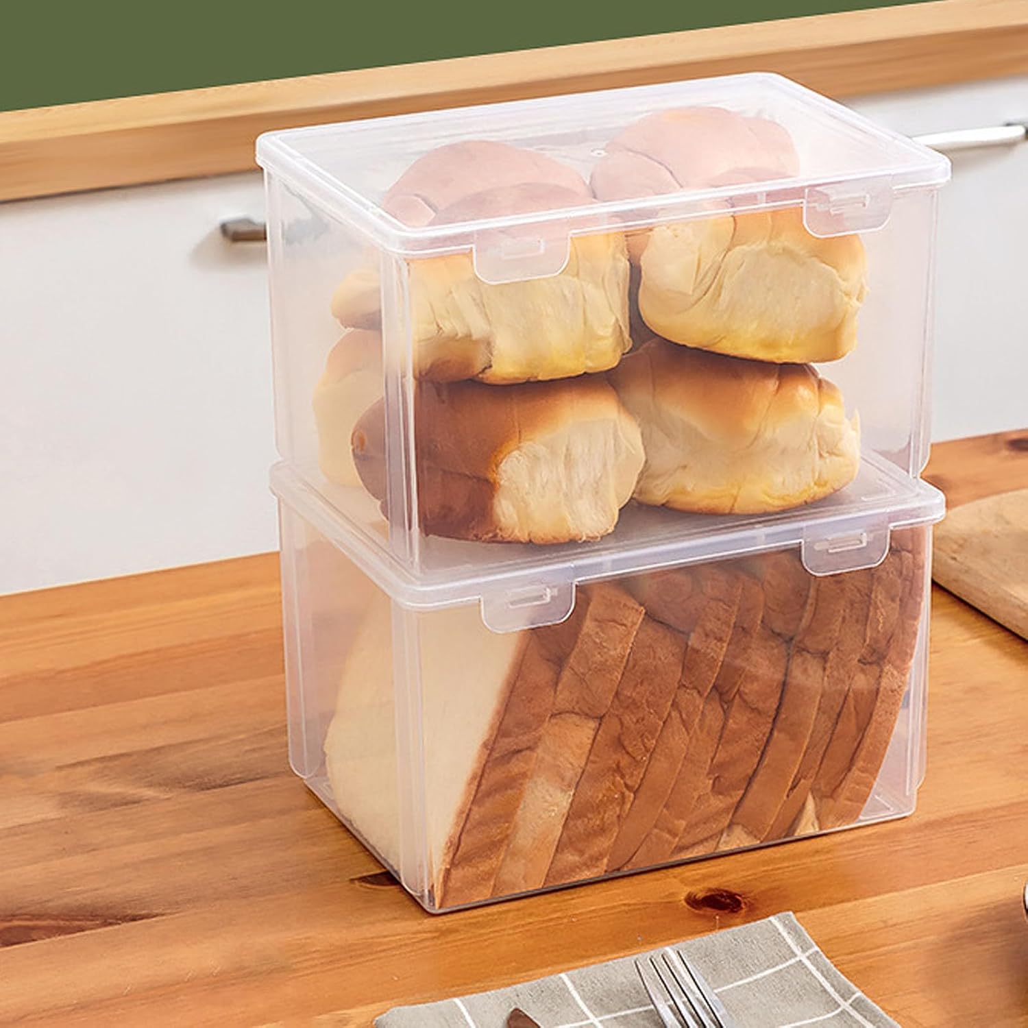 BETOOKY Medium Plastic Bread Box with Lid, Fridge Bread Storage Case for Home Kitchen Toast and Cake Organizer