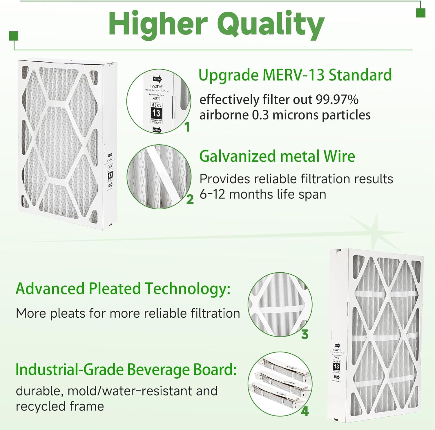 3 Packs,X6670 16x 25x 5 Merv 13 Filter Compatible with Lennox X6670,HCF16-11,HCF16-10,HCC16-28 and Honeywell FC100A1029, Foldable Design (Actual Size: 15.75 x 24.75 x 4.38in)