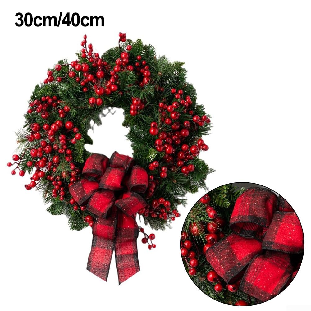 Couronne de vacances avec baies de houx rouges artificielles, conçue pour porte et mur, décoration saisonnière résistante aux intempéries (30 cm)