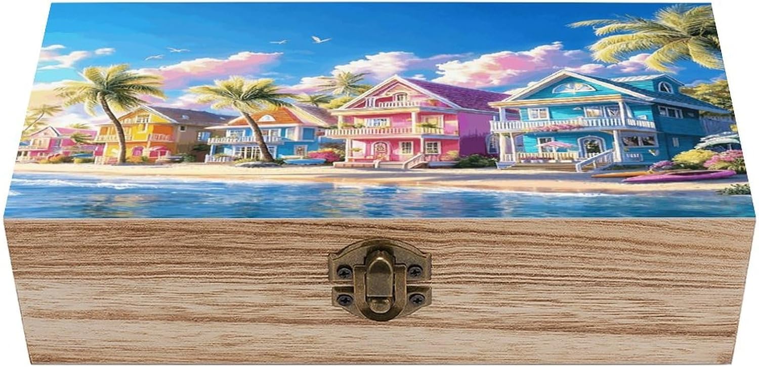Colorful Houses Wooden Storage Box Vintage Jewelry Box