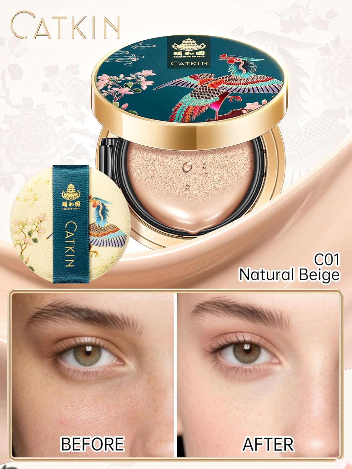 Catkin Phoenix Cushion Foundation Buildable Coverage Anti-Aging Serum Makeup, Sheer Satin Finish, Refill Included, Light Beige 0.46 Oz x 2, C01 NATURAL - Image 3