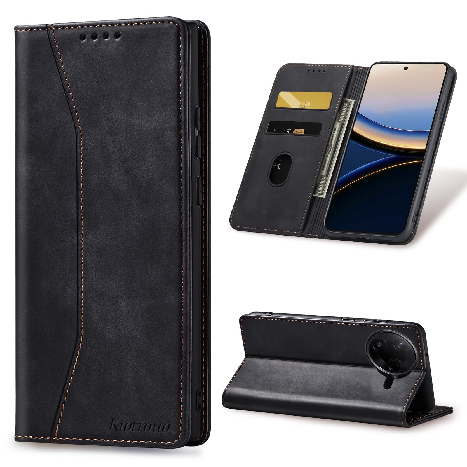 KIOTROUO Handyhülle für Xiaomi Poco F7 Pro 5G Hülle Klappbar Premium Lederhülle Flip Case Standfunktion Magnetische Kartenfächern Schutzhülle Kartenfach Klapphülle Cover, Schwarz