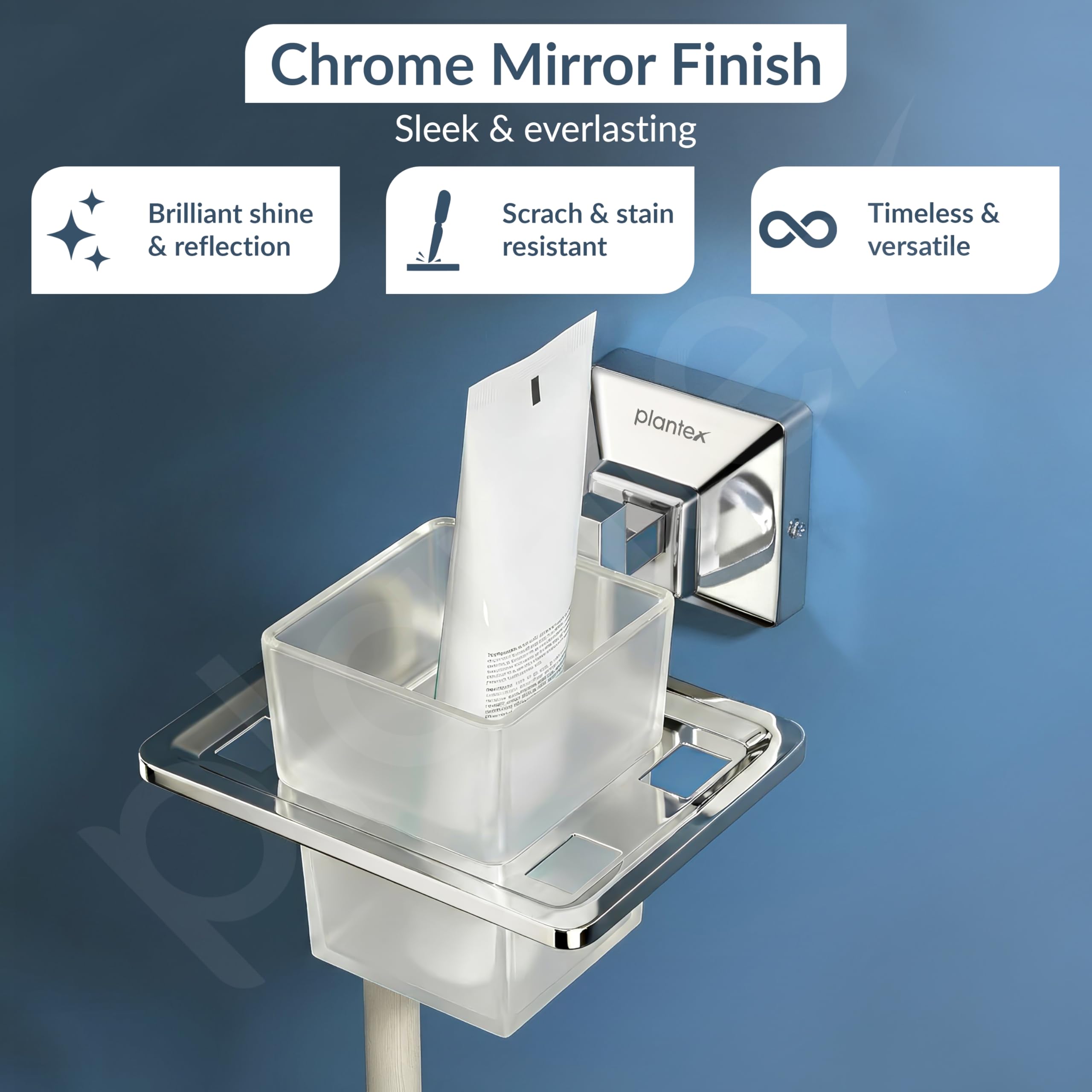 Plantex 304 Grade Stainless Steel Tooth Brush Holder/ABS Tumbler Holder/Tumbler Stand/Bathroom Accessories - Squaro (Chrome) — Amazon image 3