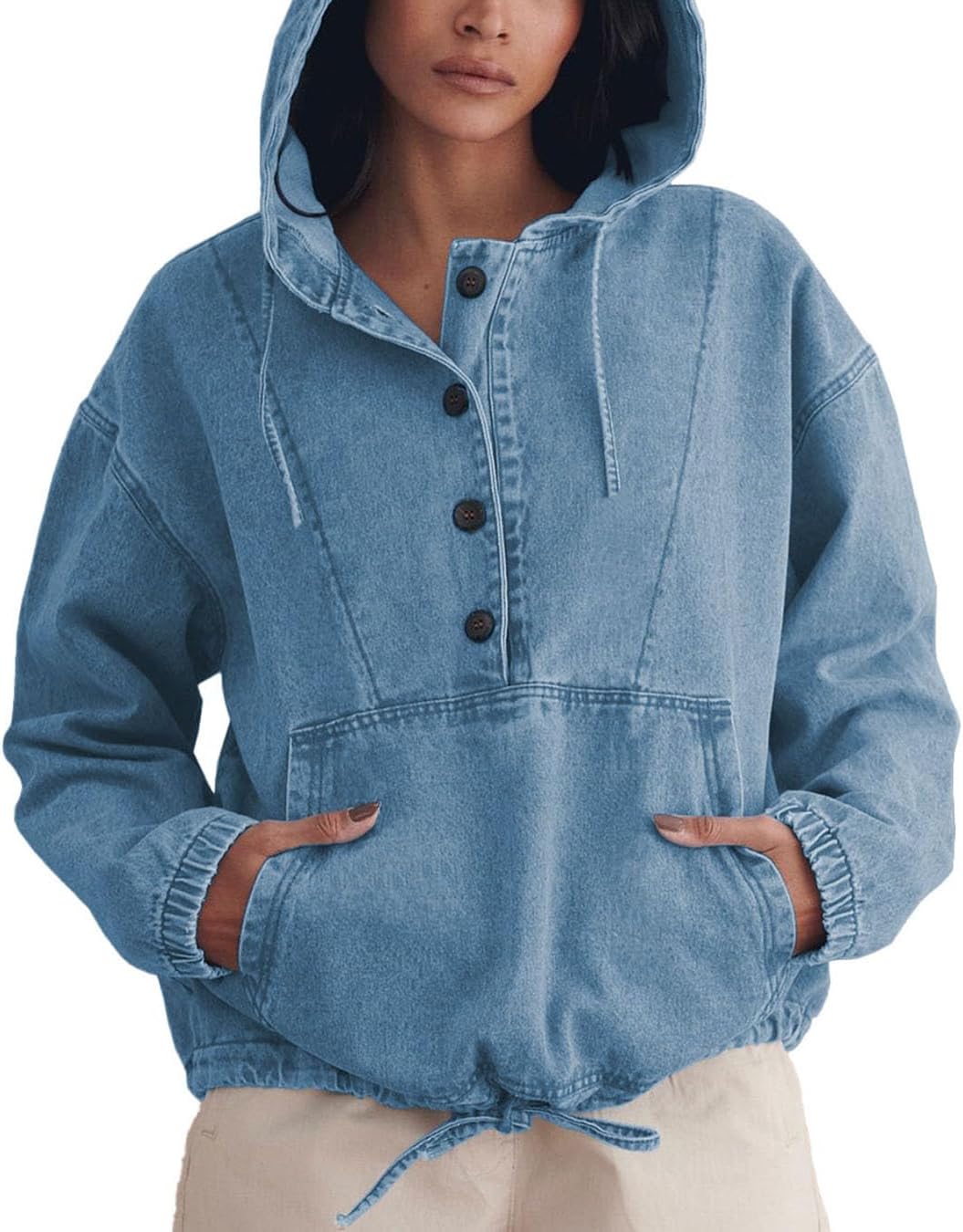 PINSV Women’s Denim Hoodie Jacket Lightweight Button Up Jean Pullover with Drawstring Hood Casual Long Sleeve Sweatshirt - Image 2