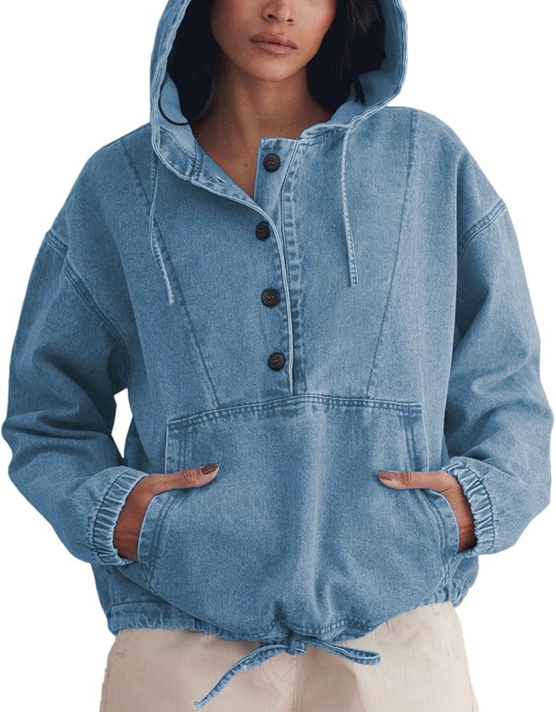 Aomice Women's Denim Hoodie Half Button Down Pullover Jacket Jean Aomice Women's Denim Hoodie Half Button Down Pullover Jacket Jean