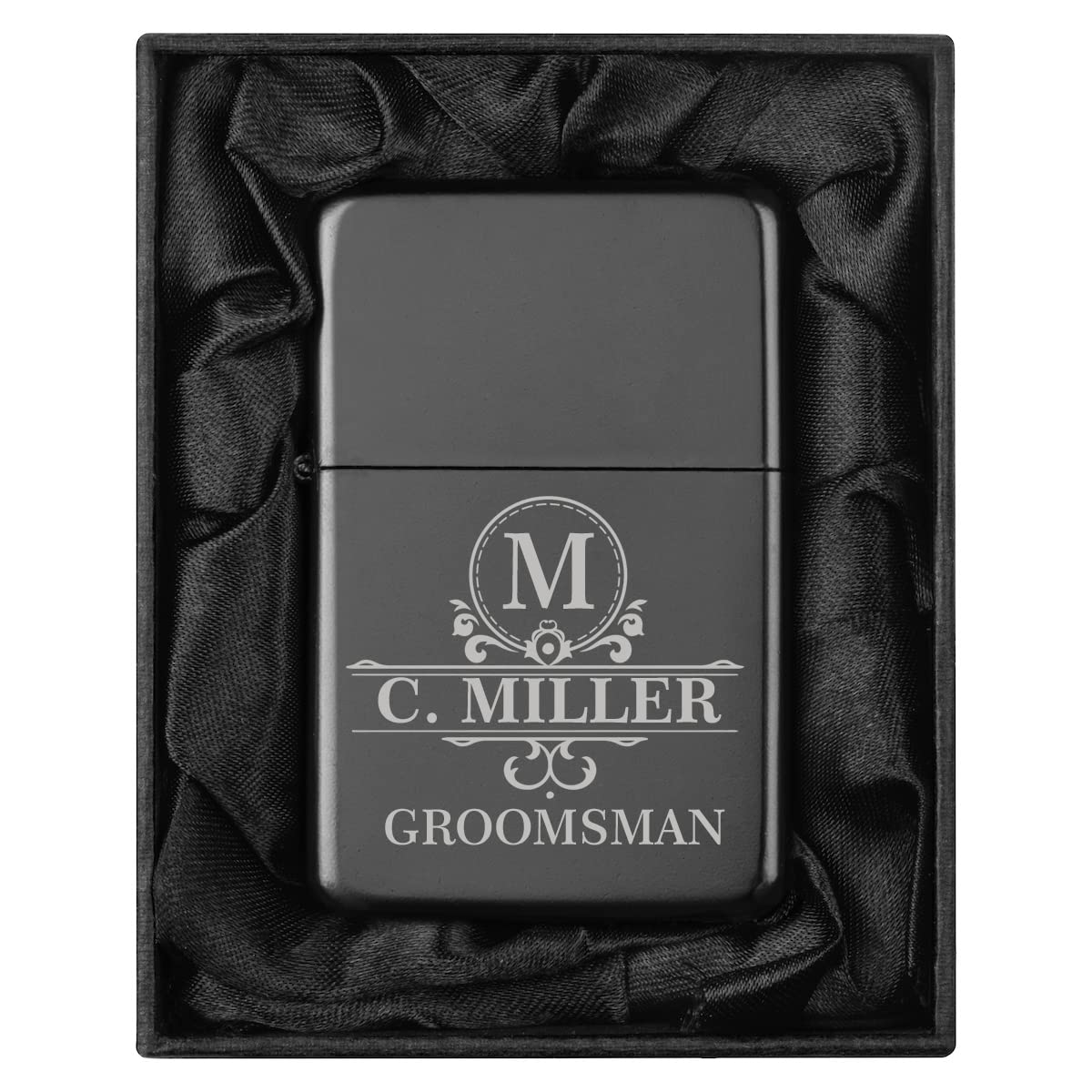 Custom Personalized Engraved Lighter in Black Silk Lined Gift Box (Monogram, Black)
