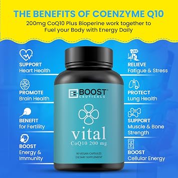 BoostCeuticals CoQ10 200mg Ubiquinone - Heart Health & Statin Muscle Support, Cellular Energy, Healthy Blood Pressure Range, Powerful Antioxidant, 90 Vegan Capsules