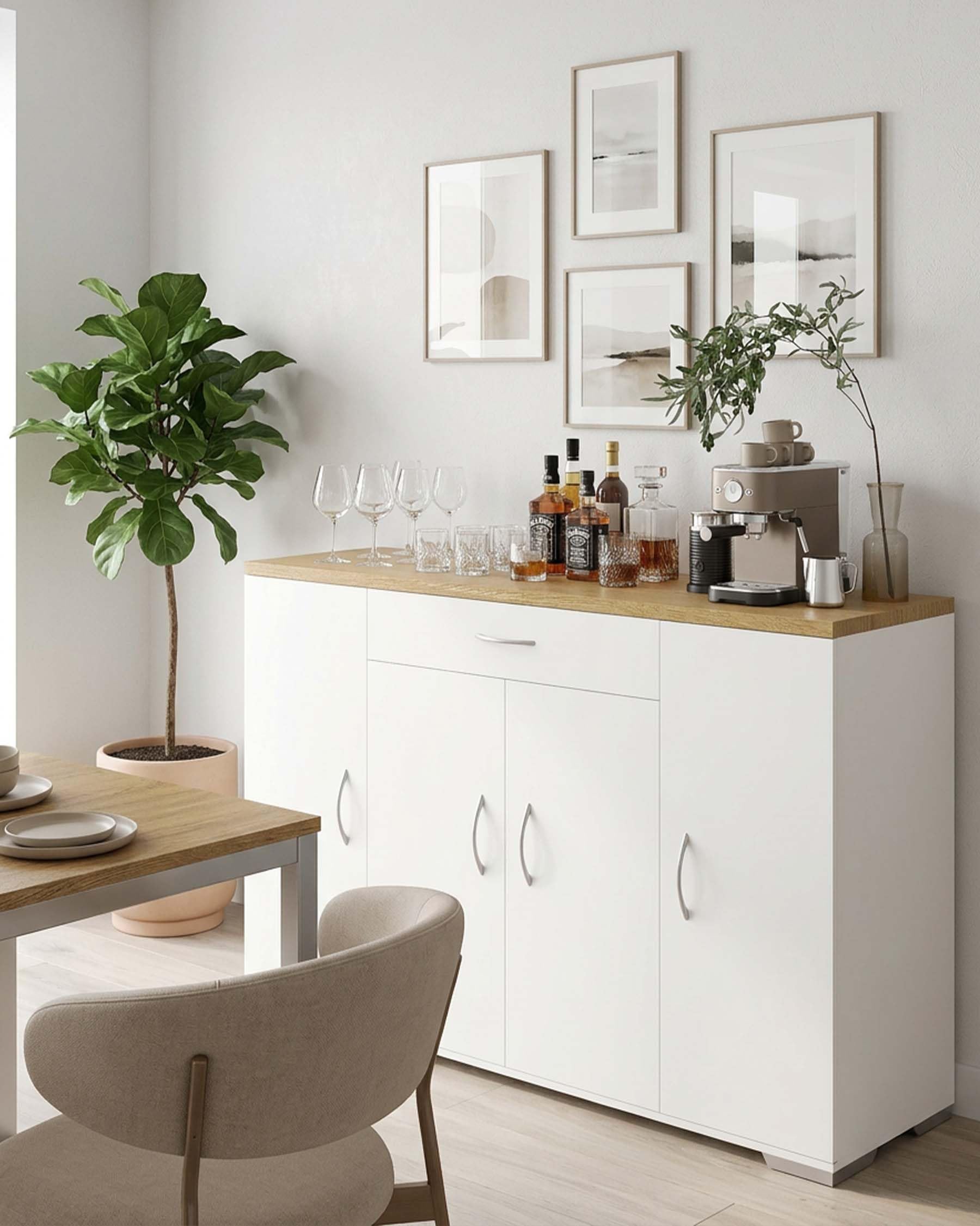 Comò Soggiorno Bianco 110 x 30 x 70 cm Comò Camera da Letto Mobile Soggiorno con 4 Ante e 1 Cassetto Credenza Bassa Mobile Contenitore per Ingresso Cucina