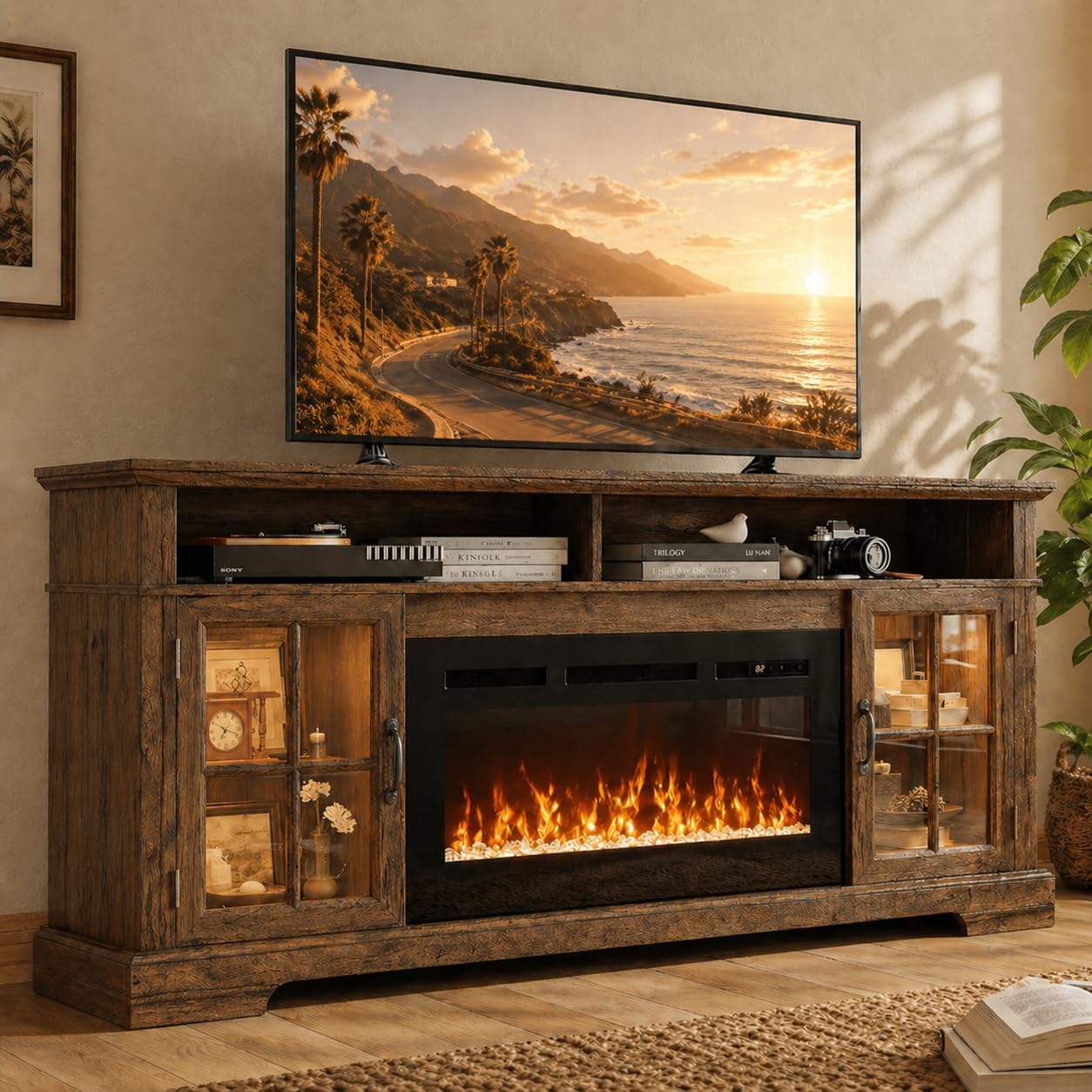 70" Fireplace TV Stand, Farmhouse Entertainment Center for TVs Up to 80”, TV Console with Storage Cabinets, Media Console for Living Room, Walnut TV Stand and Black Fireplace