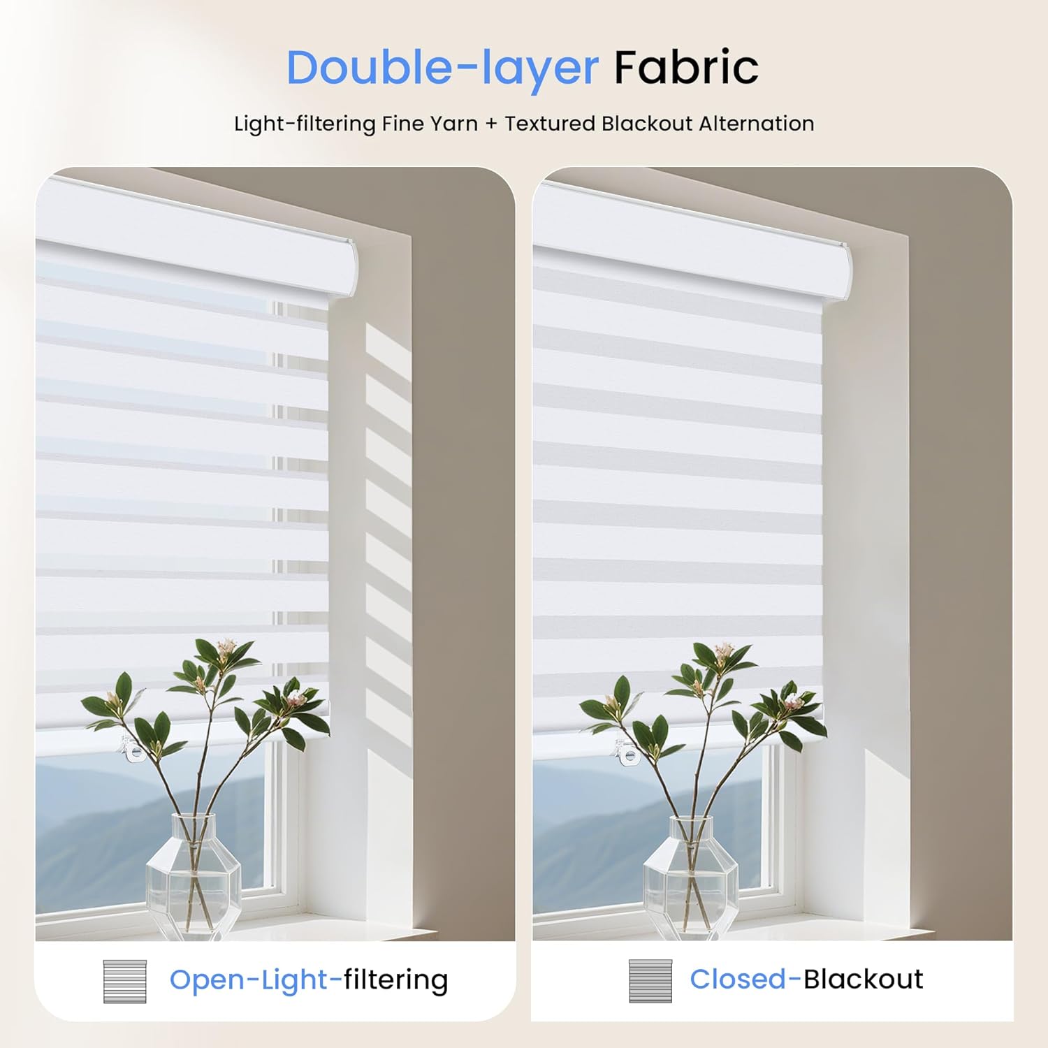 Grandekor Cordless Zebra Blinds for Windows Pull Down Roller Shades Free-Stop,34" W x 64" H,Jacquard-White Fabrics,Valance,Thermal Insulated for Home, Office, Bedroom