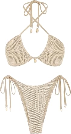 ZAFUL Womens Bikini Set Fishnet Triangle Tie Convertible Collar Halter Bandeau Shell Two Piece Bathing Suit