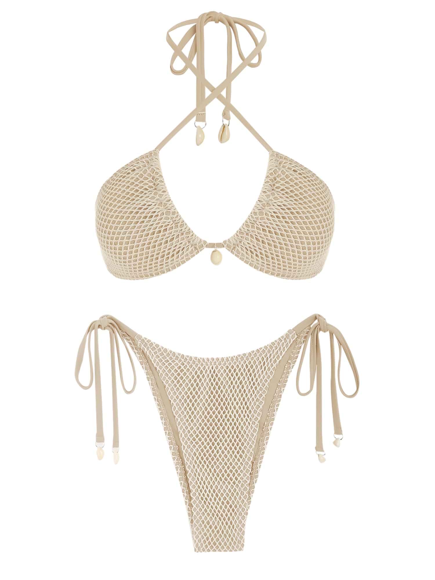 ZAFUL Women's Bikini Set Fishnet Triangle Tie Convertible Collar Halter Bandeau Shell Two Piece Bathing Suit