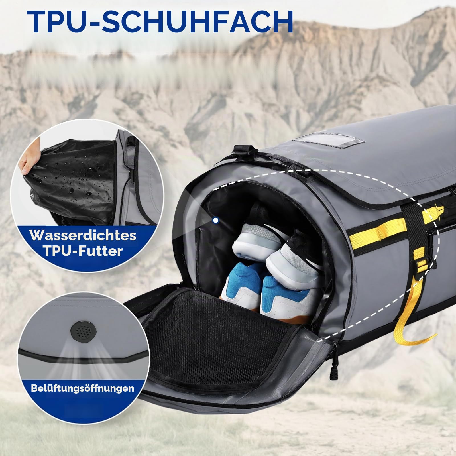 Haimont Sporttasche Herren Reisetasche, Convertible Travel Duffel Sporttaschen mit Schuhfach, große Heavy Duty Weekender Tasche, Wasserdicht, 60L, Grau