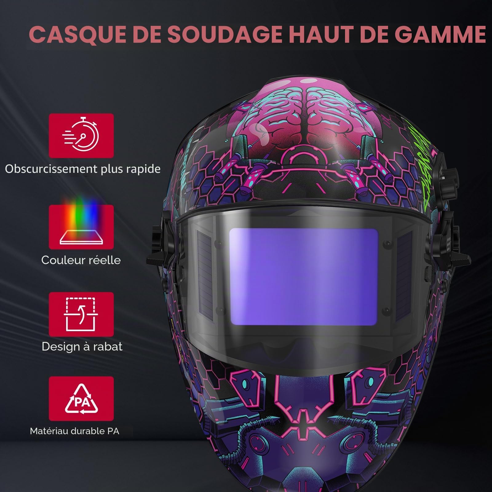 ARCCAPTAIN Grand casque de soudage automatique foncé 21,6 x 6,1 cm Masque de soudage couleur réelle avec vue latérale, large masque de soudeur pour TIG MIG ARC