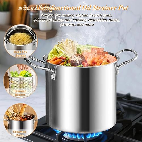 Miniatura 3 de Yummy Sam Olla pequeña de acero inoxidable de 3 cuartos de galón con cesta y tapa, freidora de tempura multifuncional, olla para pasta, con estante