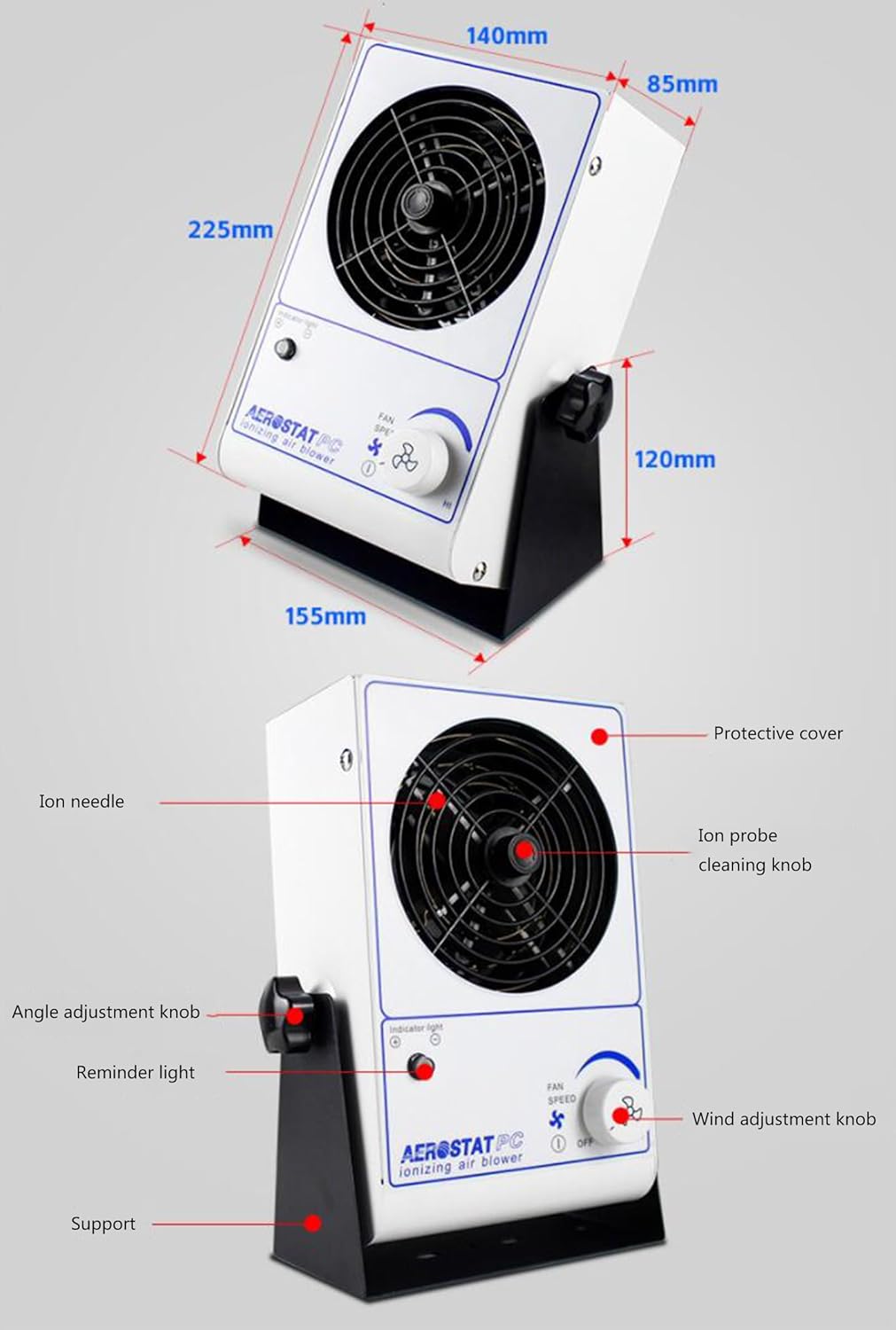 Ionizing Air Blower Static Eliminator Anti Static Fan Electro-Static Discharge Ionizer Static Fan Desktop Static Eliminator Anti Static Fan Anti Static Ionizer, SMALL, White