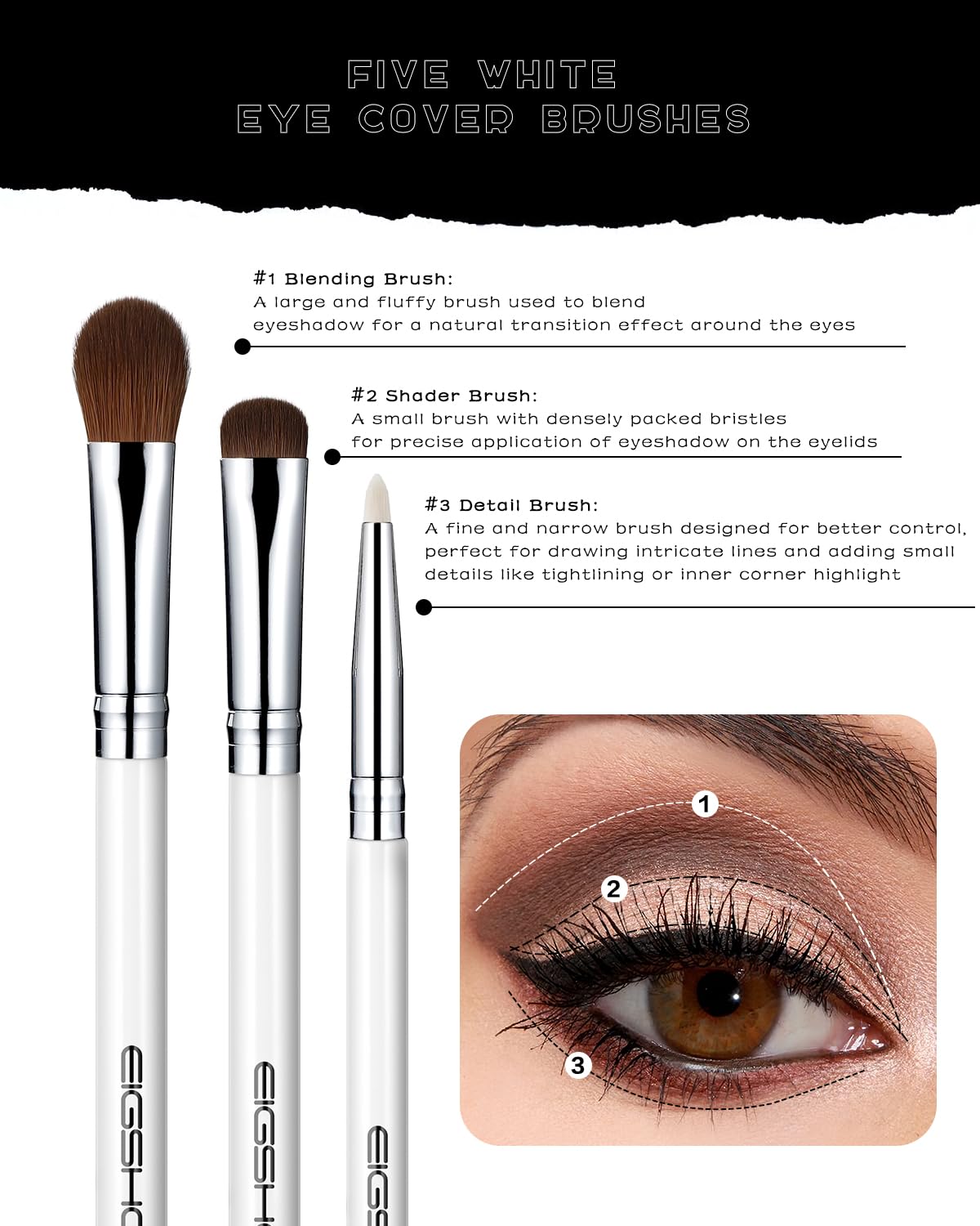 EIGSHOW Set di 5 pennelli per trucco occhi, pennello per eyeliner, pennello per sopracciglia, set di pennelli per ombretto (bianco)