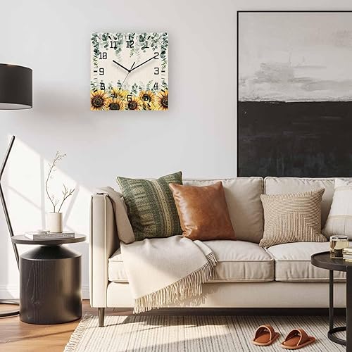 Miniatura 5 de Sunflower Eucalyptus Leaves Wooden Wall Clock Silent Non Ticking, Country Floral Botanical Linen Texture Square Wall Clock Battery Operated, Decor