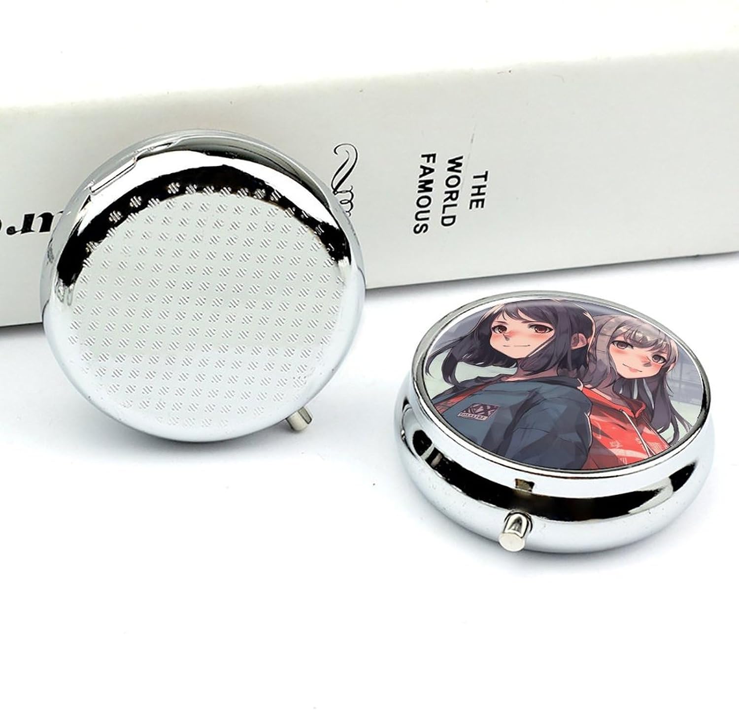 Two Anime Women Pill Box 3 Compartment Small Pill Case Portable Pill Box for Pocket Or Purse Round Metal Pill Box Cute Medicine Organizer Holder to Hold Vitamins Medication image 5