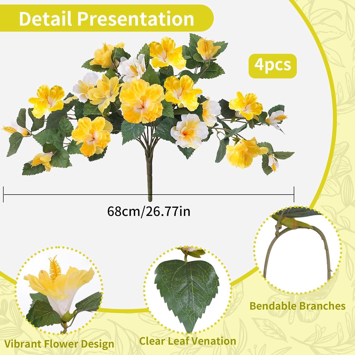 4PCS Outdoor Flowers UV Resistant Fake Hibiscus Realistic Yellow Artificial Flowers Outdoor UV Resistant No Fade for Home Outside Garden Balcony Yard Porch Indoor Decor (Yellow)