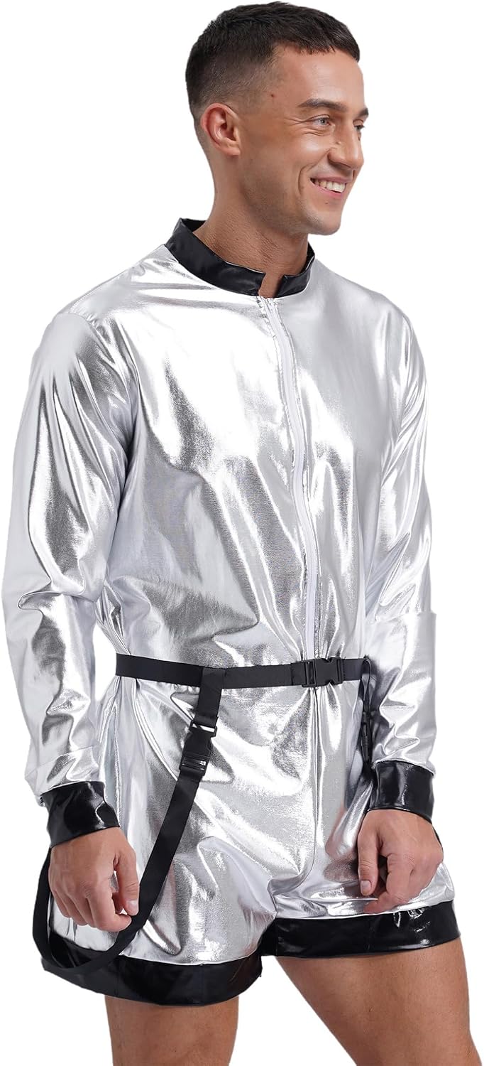 FEESHOW Metallic Astronaut Costume for Men Shiny Jumpsuit with Waist Belt Boyshorts Bodysuit