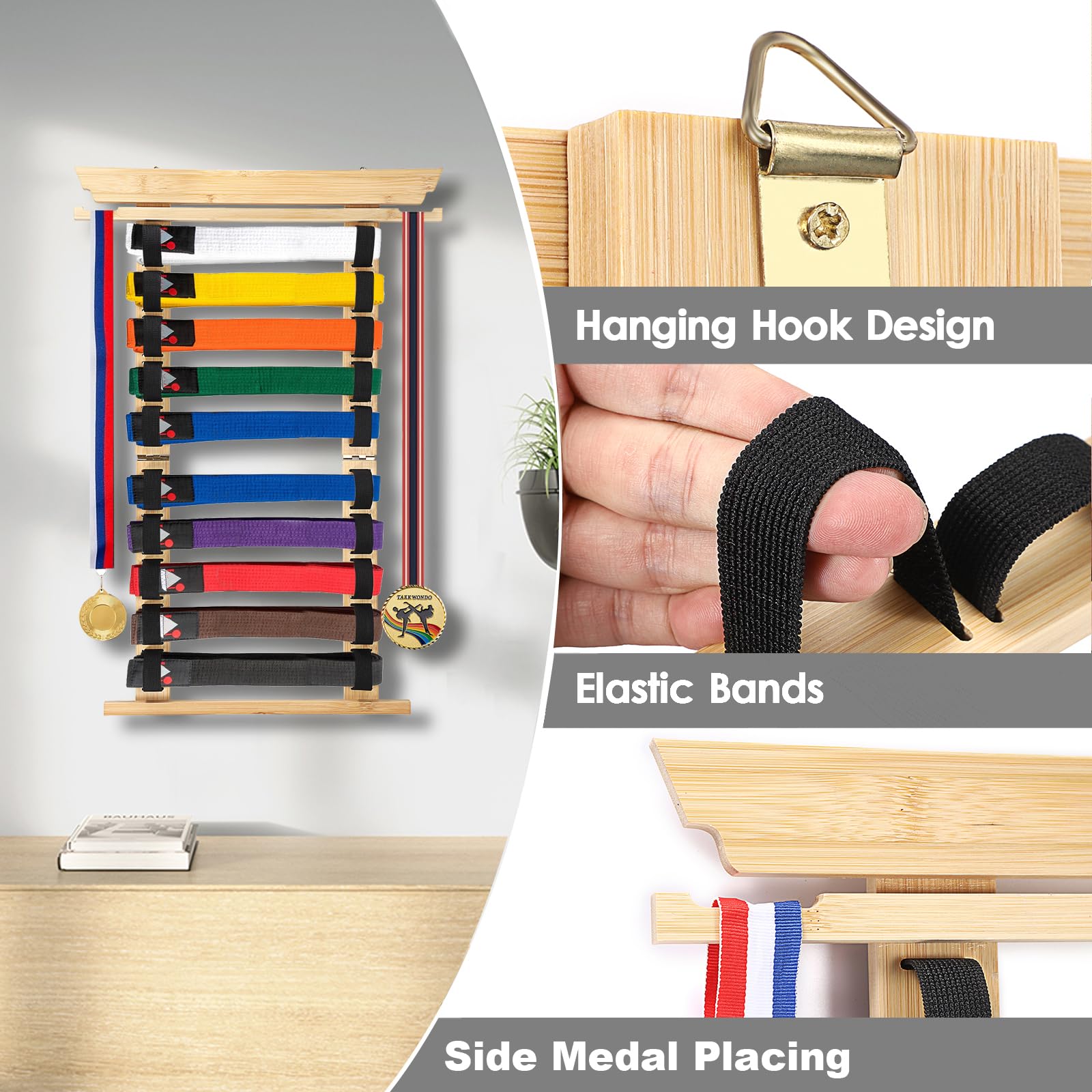 SUMNACON Kampfsport Gürtelhalter für 10 Gürtel Bambus Taekwondo-Gürtelständer Wandmontage Gürtel Display für Medail Judogürtel Karategürtel Ninjitsu-Gürtel als Personalisierbare Geschenk(kein Gürtel)
