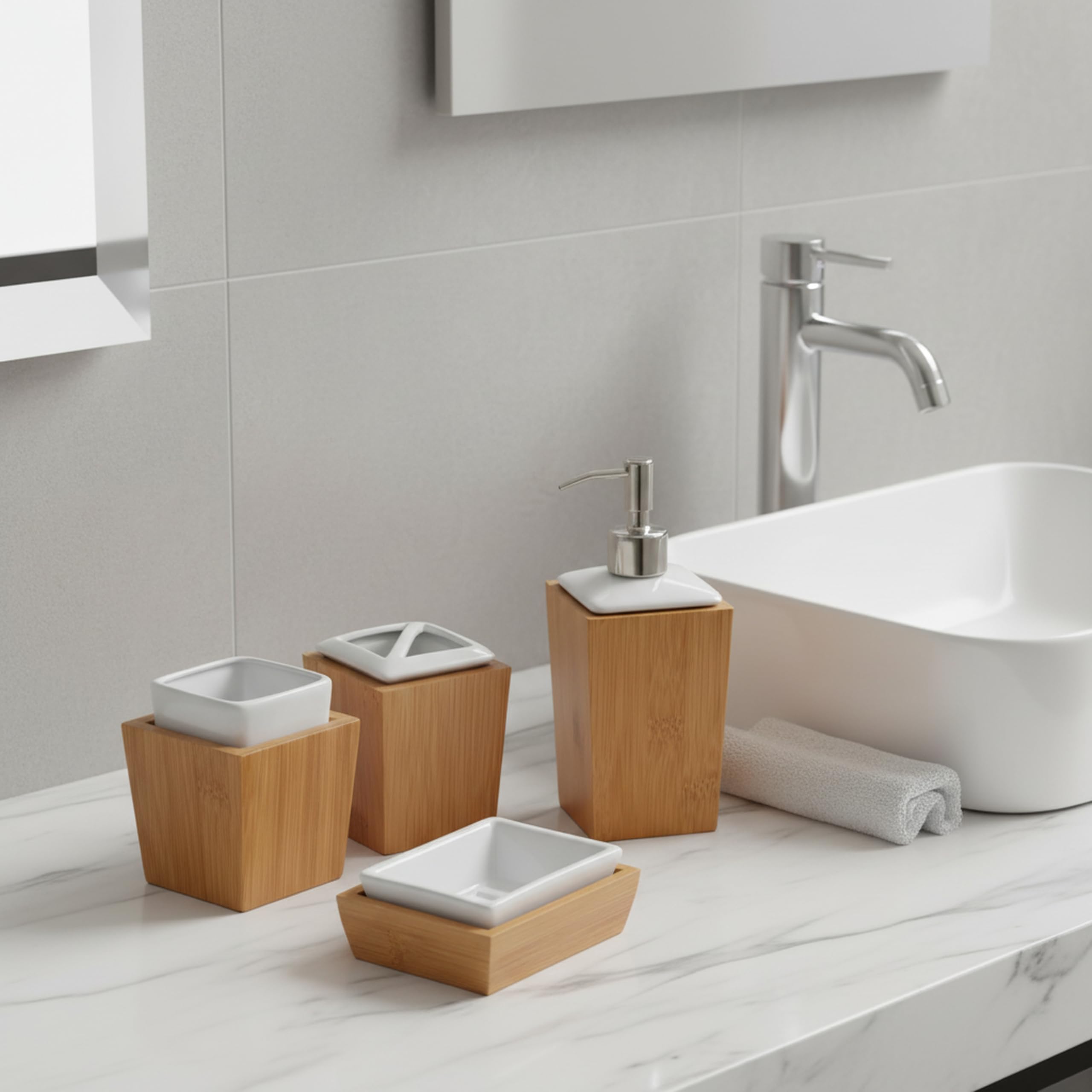 Homiu Bad-Set Bambus und Porzellan, 4-teiliges Seifenschale,  Zahnbrstenhalter, Becher, Flssigseife/Lotionspender, Badzubehr, modernes  Design, Wei : Amazon.de: Kche, Haushalt & Wohnen