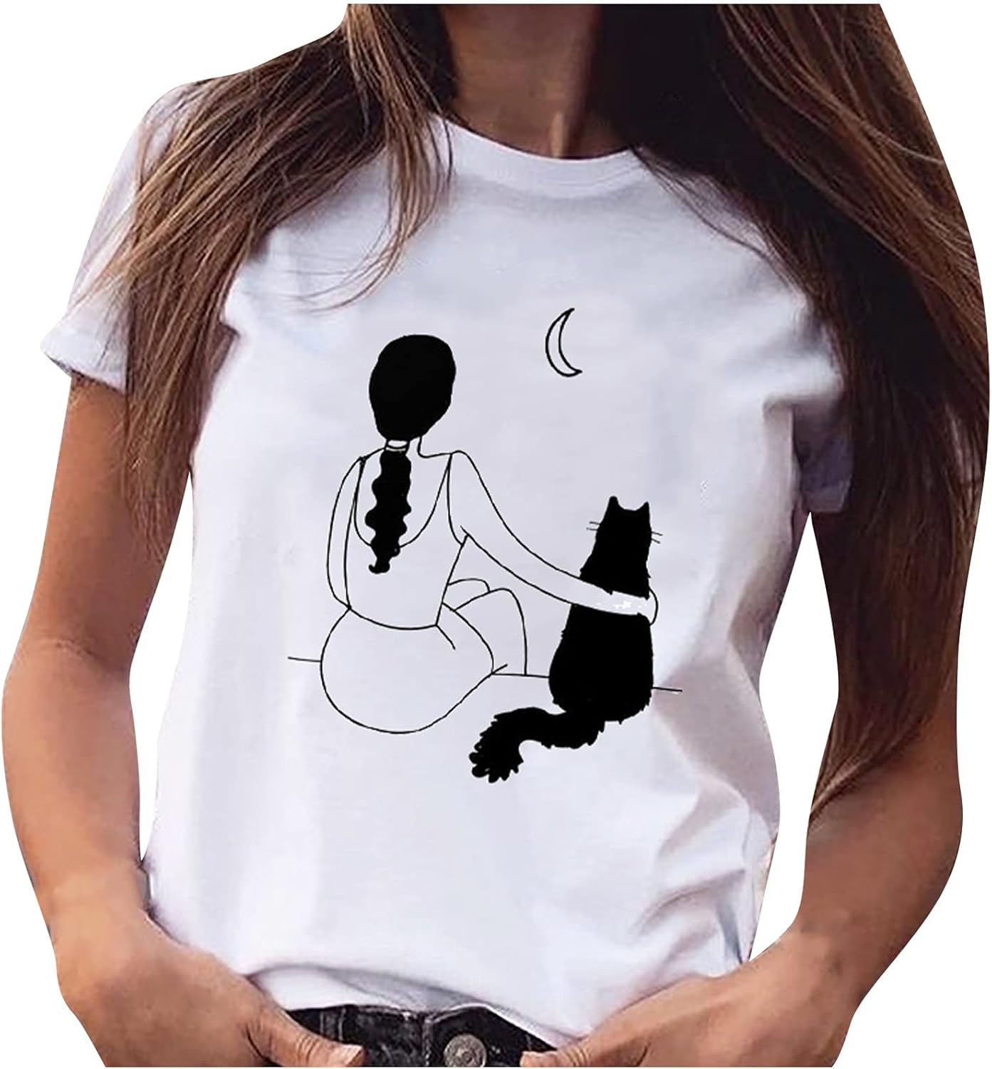 Women's Plus Size Cat Print Shirt White ShortSleeved TShirt Top