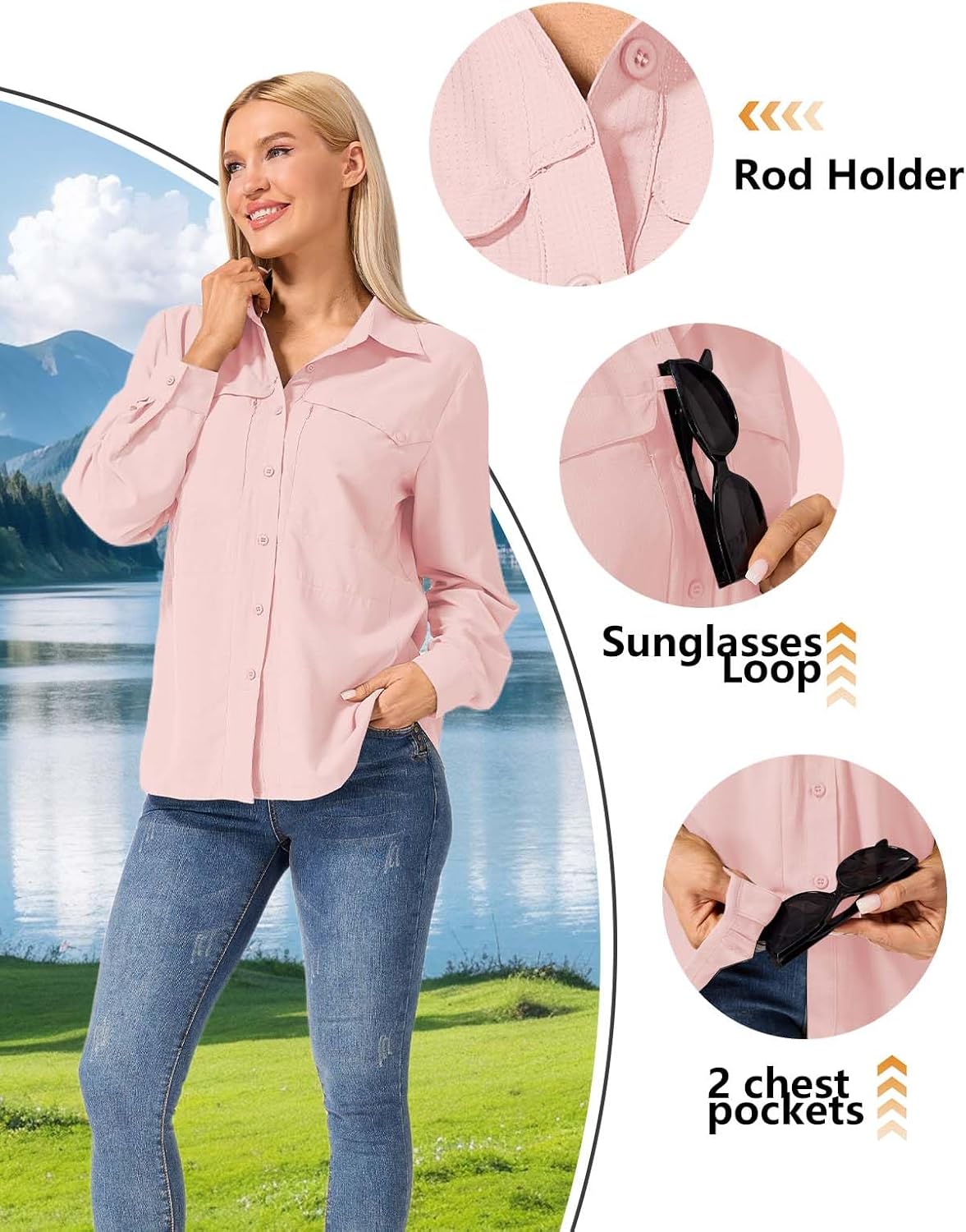Women's UV Safari Shirt, UPF 50+ Sun Protection Long Sleeve Outdoor Cool Quick Dry Fishing Hiking Travel Shirts