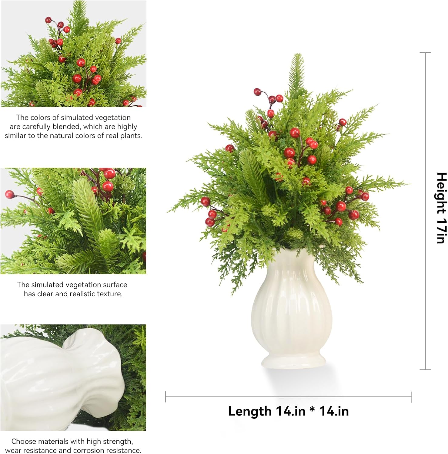 hongxindecheng 38 Pcs Pine Branches with Red Berries And Cypress Grass - 18 Inch Artificial Pine Branches - Real Touch Pine Branches for Vase DIY Flower Arrangement Home Indoor Christmas Decor