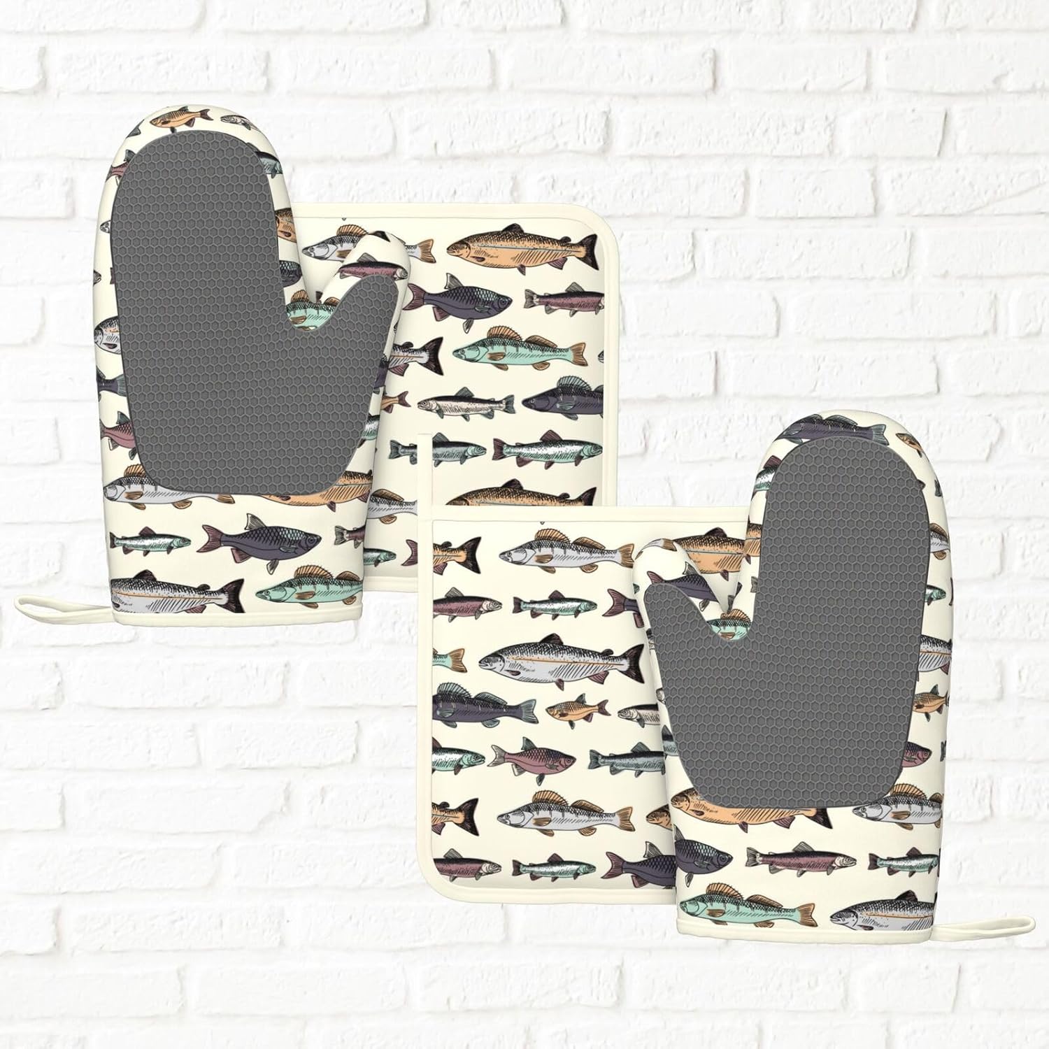 Vintage Fish Oven Mitts And Pot Holders Set Of 4 Silicone Heat Resistant Oven Mitten Potholders Non Slip Gloves Kitchen Decor For Bbq Cooking Grilling Baking