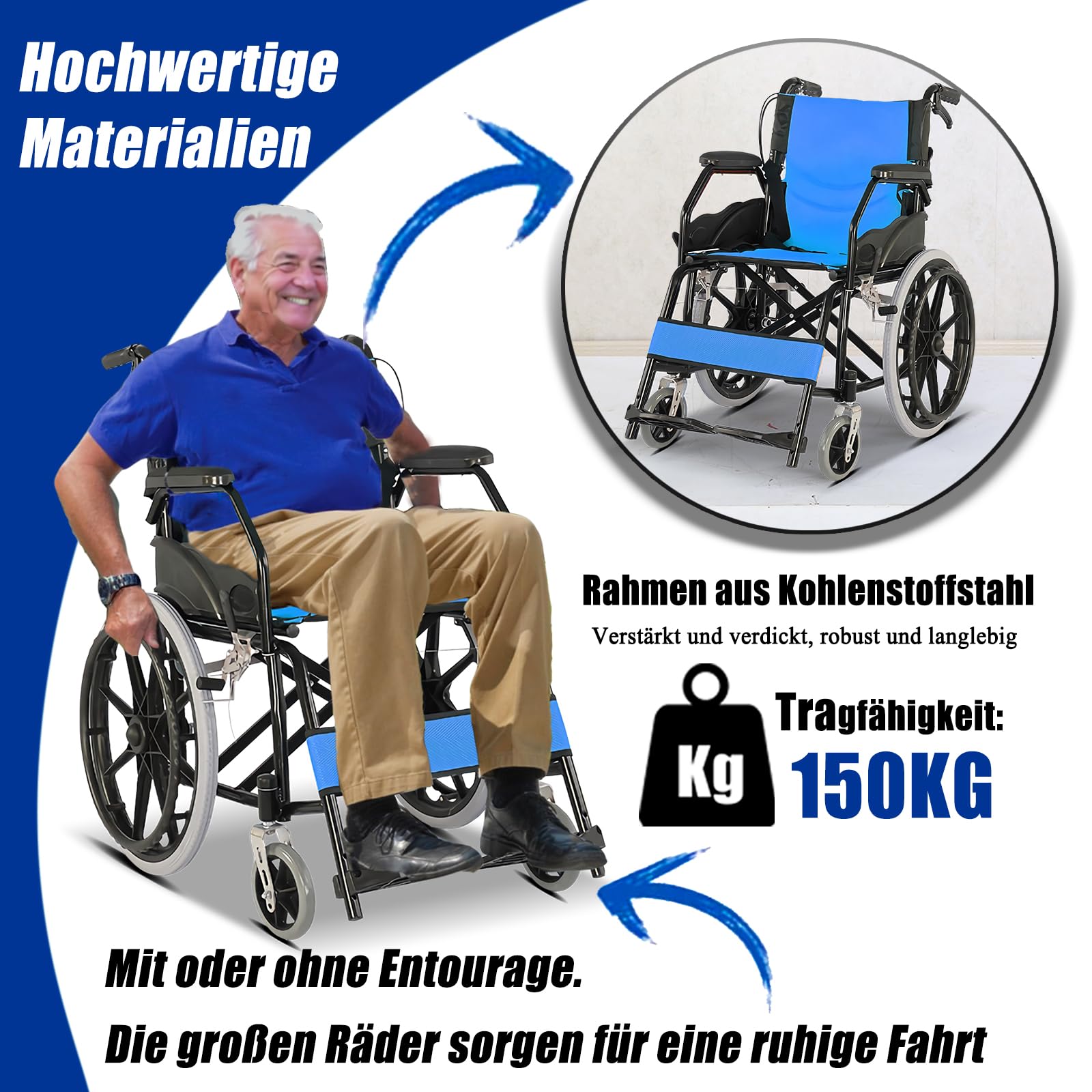 Faltbar Leicht Rollstuhl, Klappbar Transportrollstühle für Behinderte and ältere, Sitzbreite 44.5 cm, Belastbarkeit 150 kg, Ultraleicht Reiserollstuhl,Transportrollstuhl,Blau