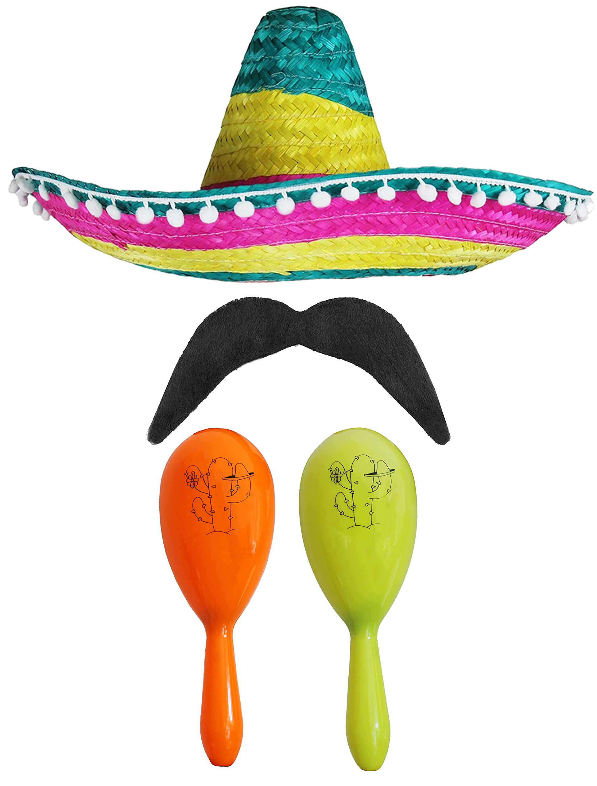 Adults Mexican Accessory Set - Multicoloured Mexican Sombrero, Green & Yellow Maracas, Moustache - Mexican Cinco de Mayo Sensorita Bandit Mariachi Fancy Dress Costume Accessory Set
