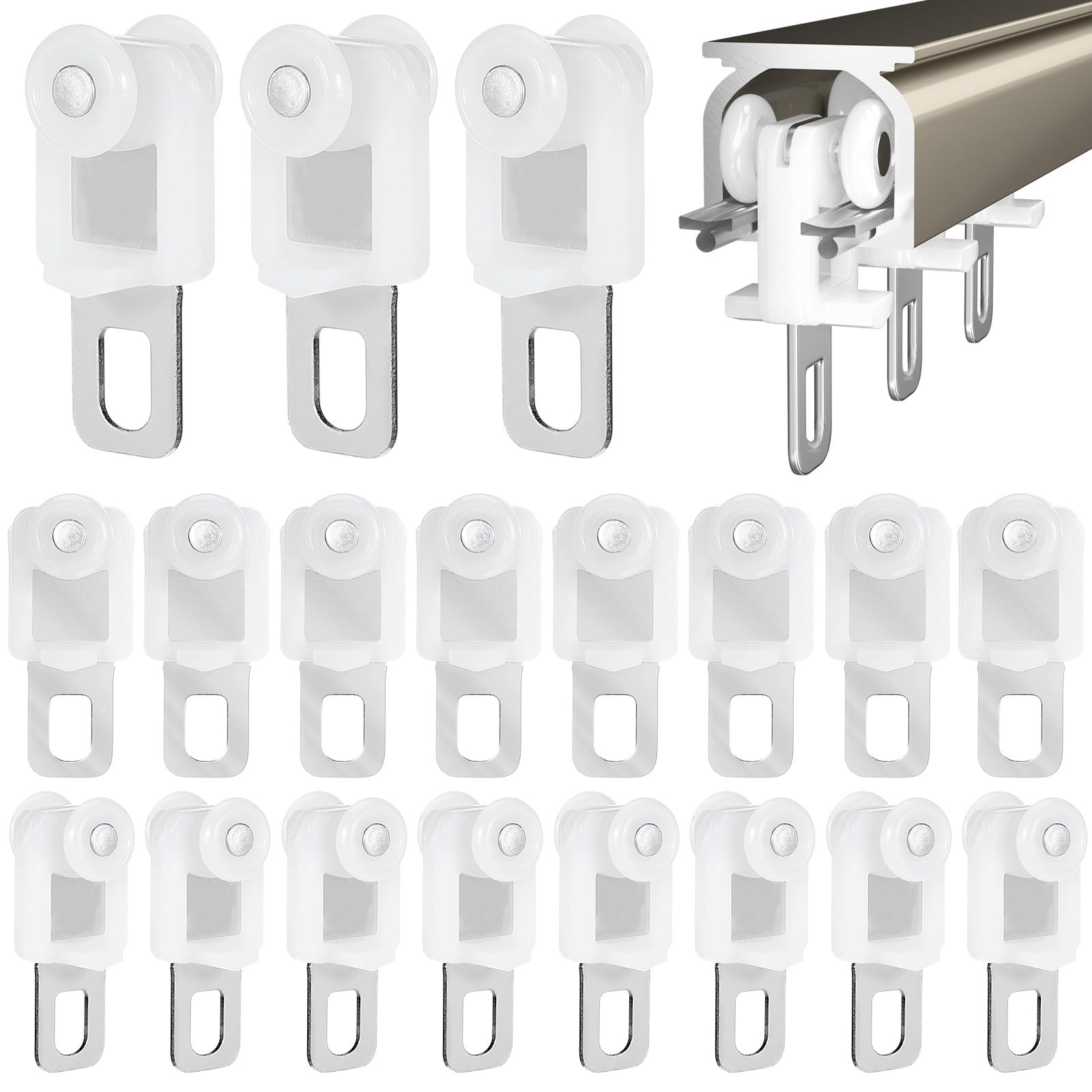 SHINEOFI 50pcs Curtain Track Glider Hooks White Track Rollers for Curtain Rail Gliders Hooks Easy Fit Window Dressing Hardware for Most Standard Traversing Rods