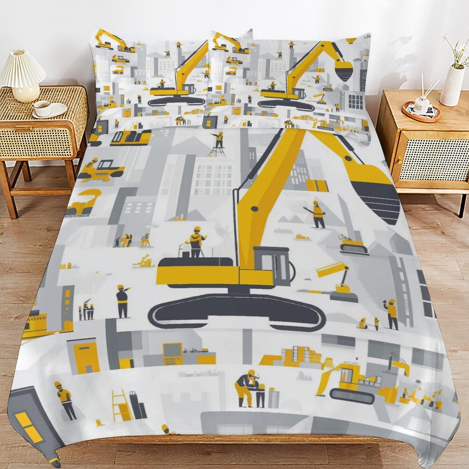 Parure de lit enfant camion de construction avec housse et 2 taies d oreiller pour chambre garçon
