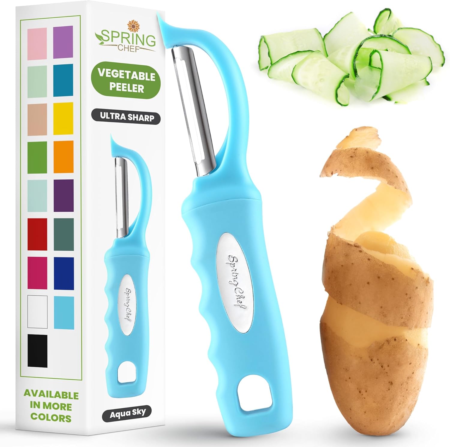 SpringChef Premium Swivel Vegetable Peeler: Ultra-Sharp Stainless Blades, Soft Grip Handle - Best for Potatoes, Carrots, Fruits & Veggies (Aqua Sky)