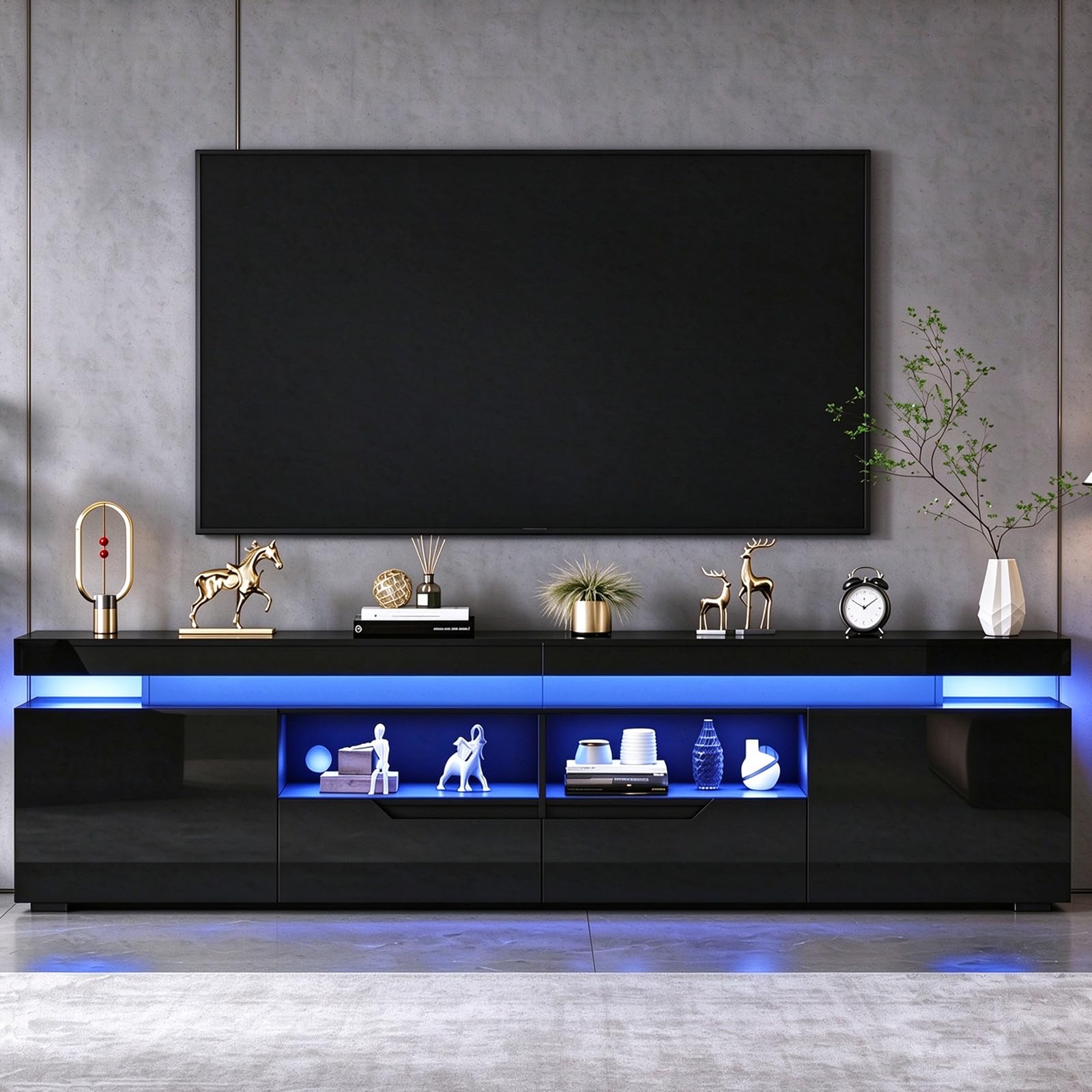 BSTSEL 200CM High Gloss TV Stand Cabinet Entertainment Unit with 16 Colors LED Lights Free Standing TV Cabinet with Storage for Living Room up to 75" TV (NEW Black High Gloss)