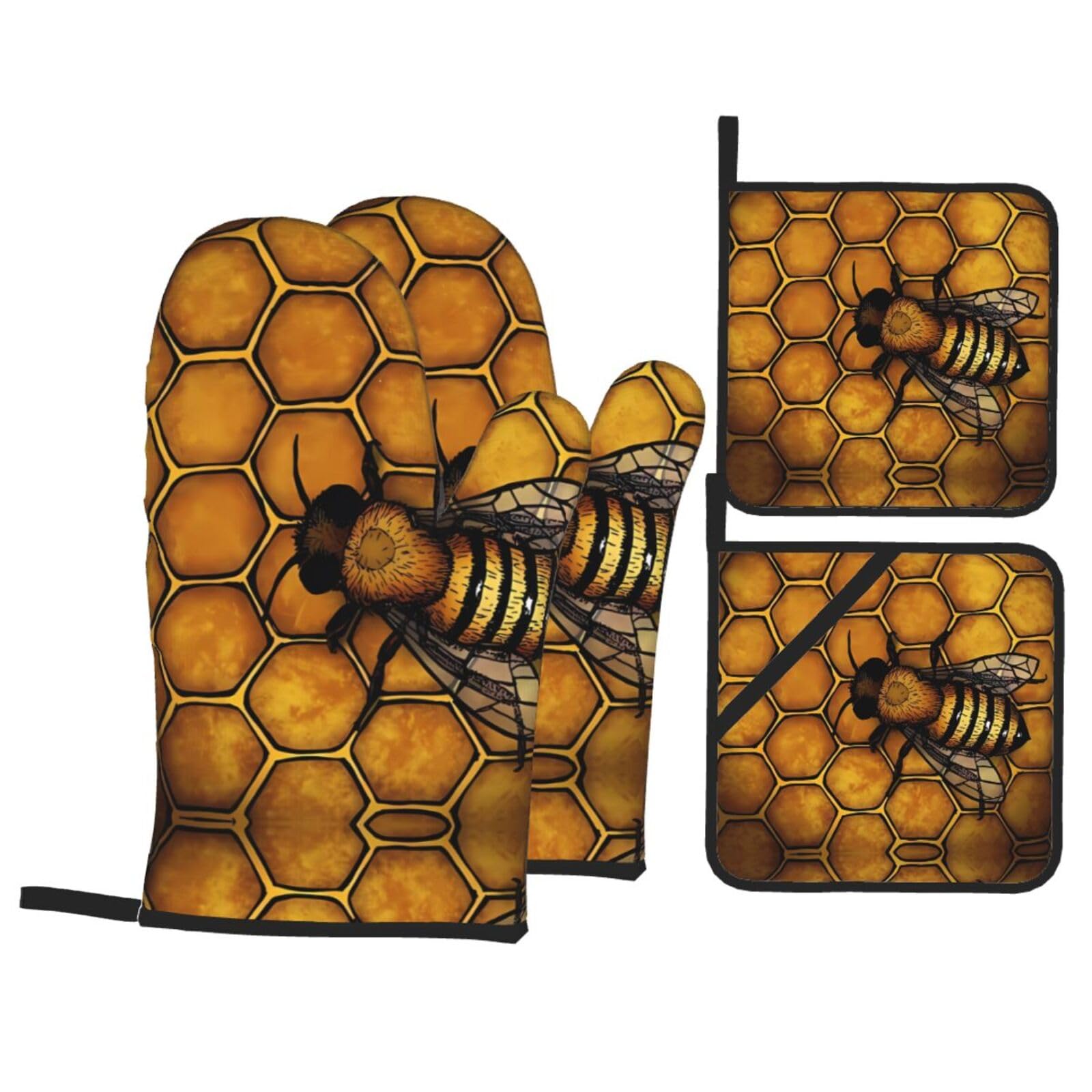 HJFCZH Bee Honeybee Prints Kitchen Throw Set: Durable Oven Layers with Waterproof Polyester – 4 Piece Heat Protection System
