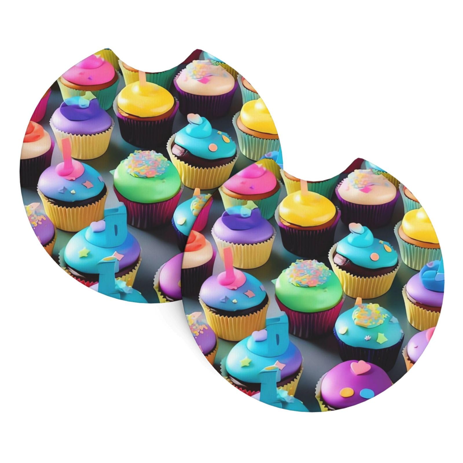 2 Pack Car Coaster for Cup Holders Colorful Happy Birthday Cupcakes Car Cup Coaster 2.7" Neoprene Non-Slip Automotive Cup Mat Universal Auto Car Interior Accessories for Women Men Cup Pad