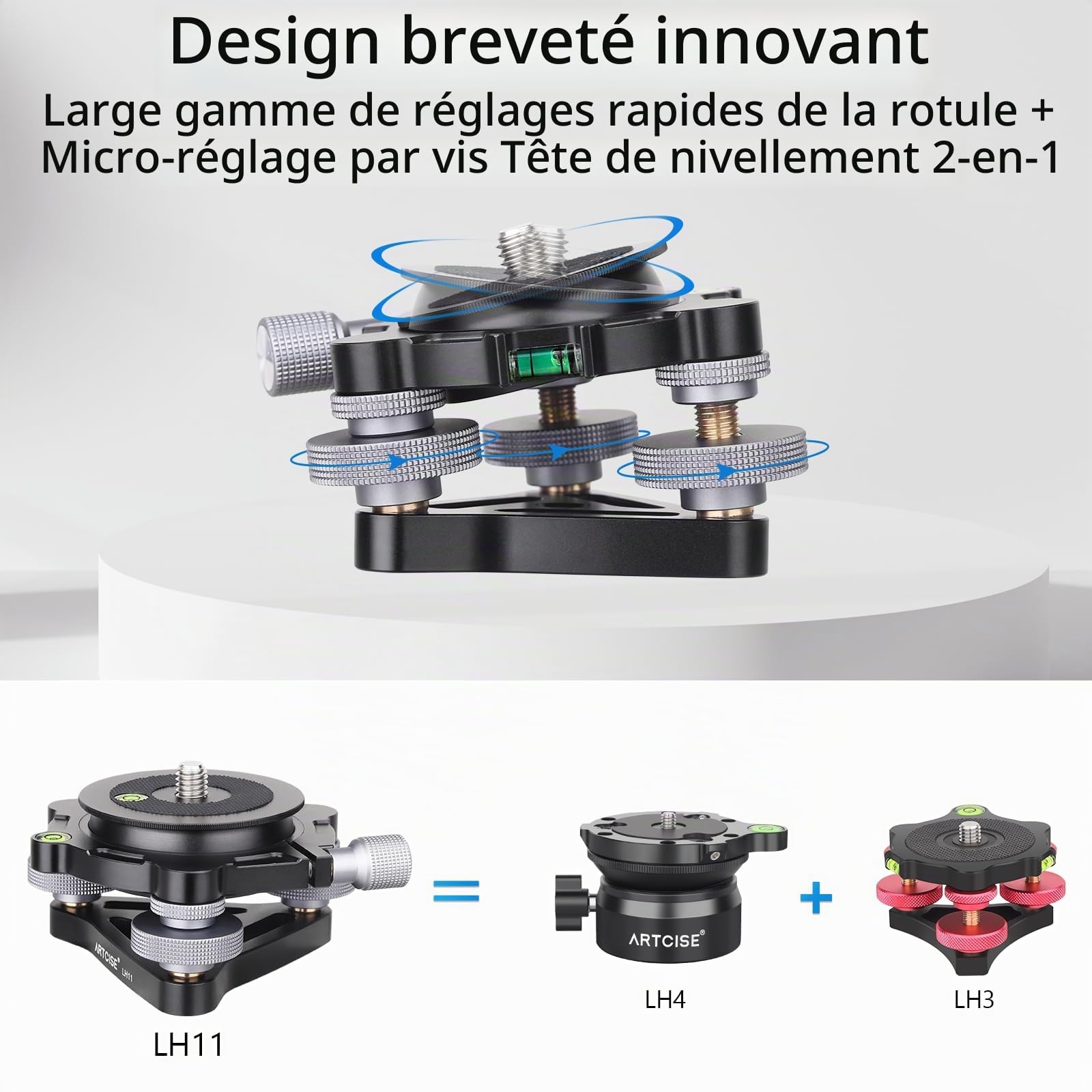 Base de nivellement à Trois Pieds de diamètre ∅85 mm, tête de nivellement avec Inclinaison -15°/15°, avec 3 Niveaux à Bulle et 3 Roues, réglage de précision -5°/5°, Charge maximale 15 kg