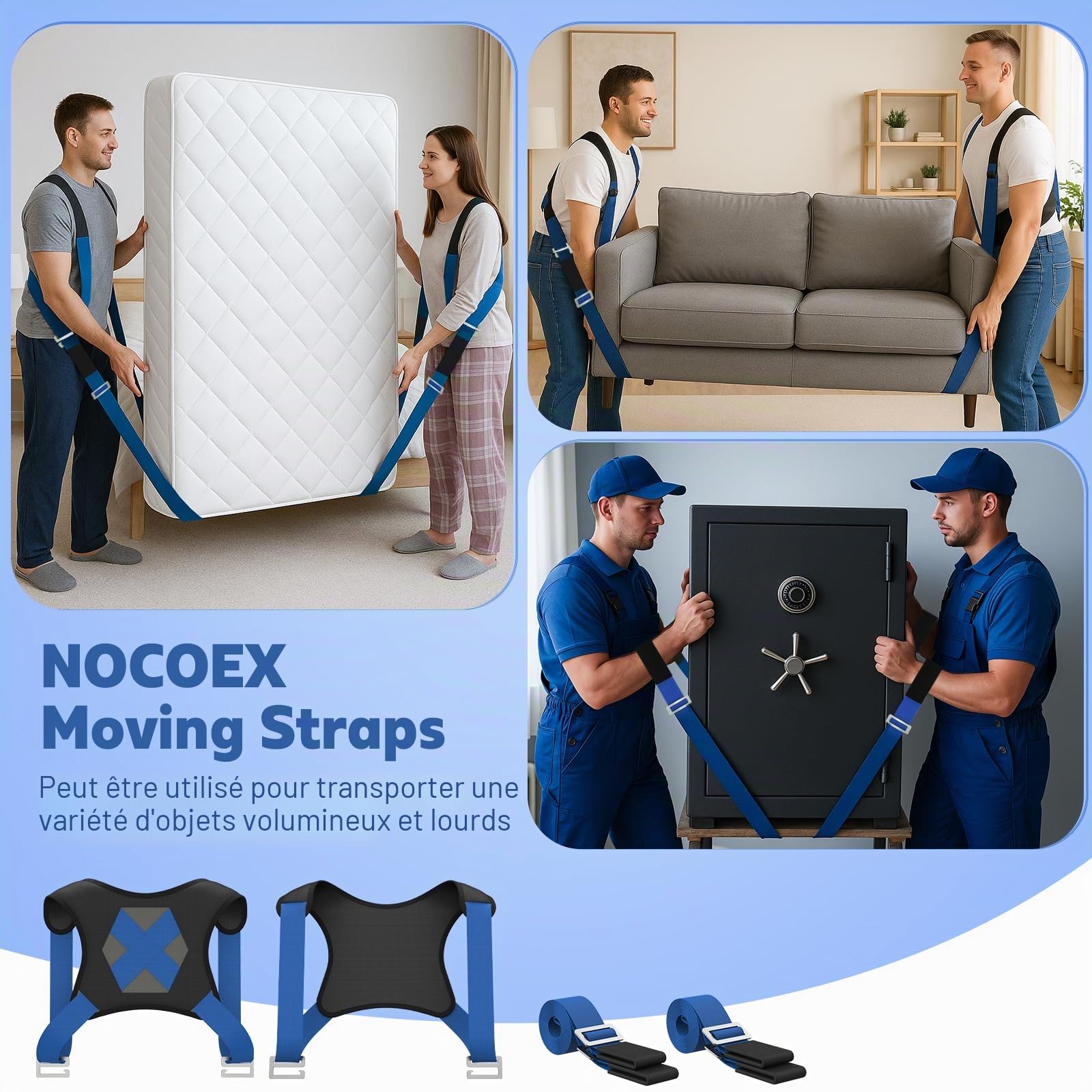 Sangle Déménagement et Levage 2 Personnes: Harnais d'Épaule Soutien Dorsal | Système de Levage Haute Résistance pour Déplacer Appareils Électroménager Meubles Matelas 880lbs, Réglable Polyester 1.6-3.4m