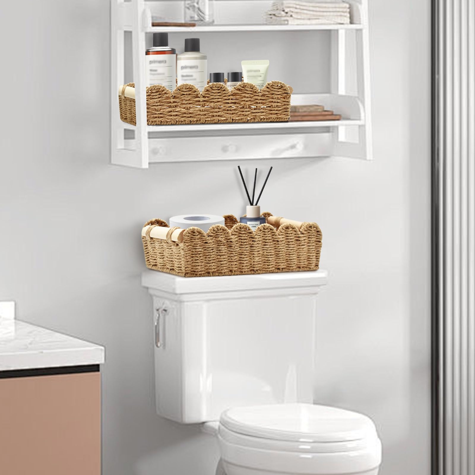 2 Pezzi Cestini Portaoggetti Cesto Vimini, Cestino Porta Carta Igienica Intrecciata con Manici in Legno, Scatola Contenitore Organizer Decorazioni per Cucina Bagno Ufficio Scaffale