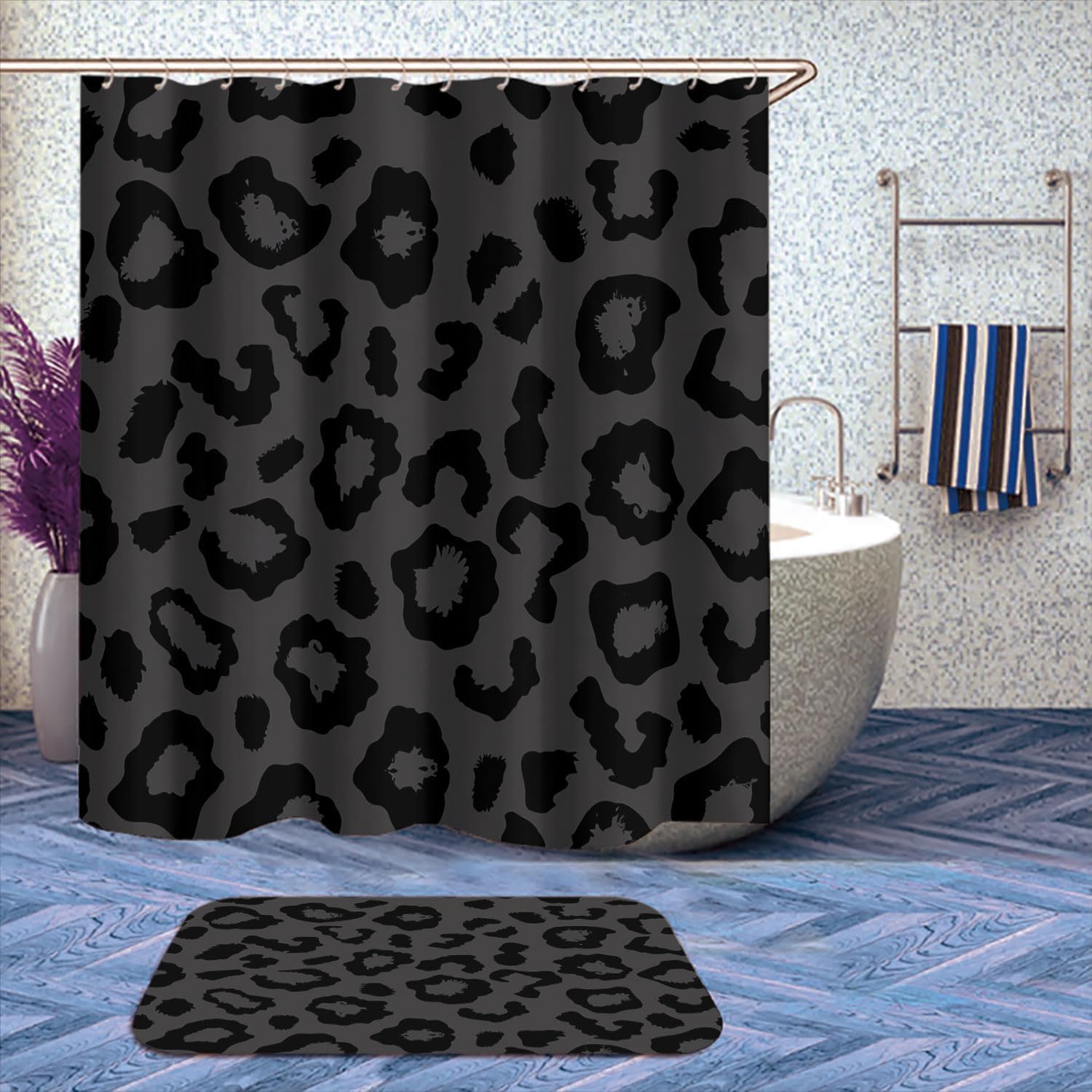 Black Gray Leopard Cheetah Bathroom Shower Curtain Set with Rugs,Toilet Lid Cover, Bath Mat, Wildlife Animal Bathroom Shower Curtain with 12 Hooks Accessories Decorative