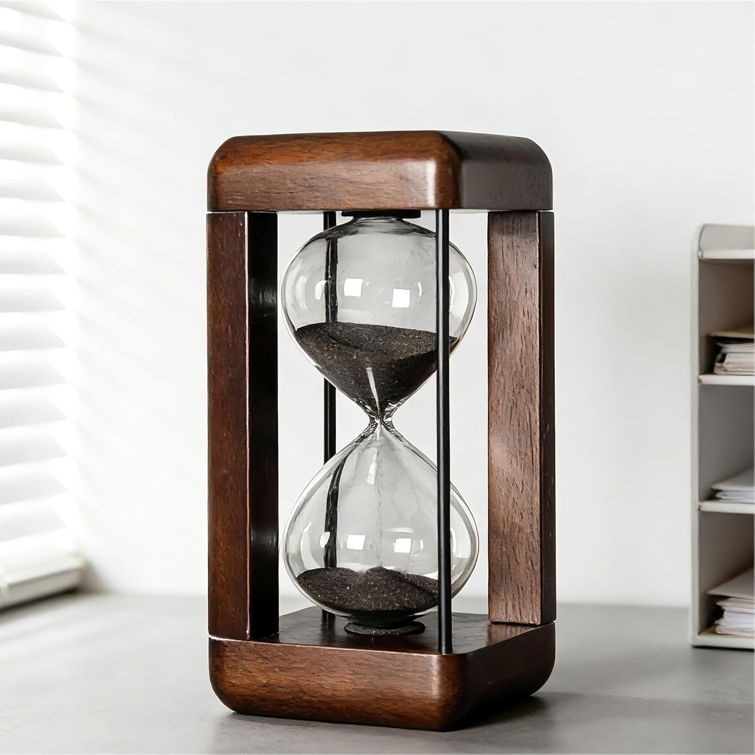 60 Minute Hourglass Timer - Decorative Wood Sand Timer Clock with Metal Frame, Vintage Office Décor for Desk, Kitchen, Games or Classroom (White Sand)
