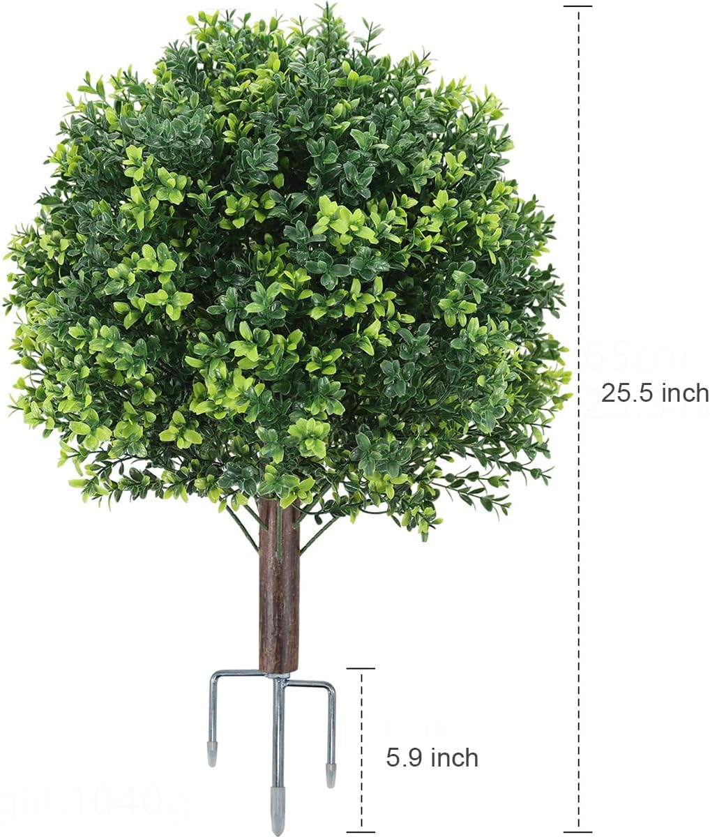 25.5" Artificial Boxwood Topiary Ball Trees with Ground Spikes, Set of 2 UV Resistant Faux Greenery Shrubs, Fake Evergreen Artificial Plant Bushes for Porch Patio Wedding